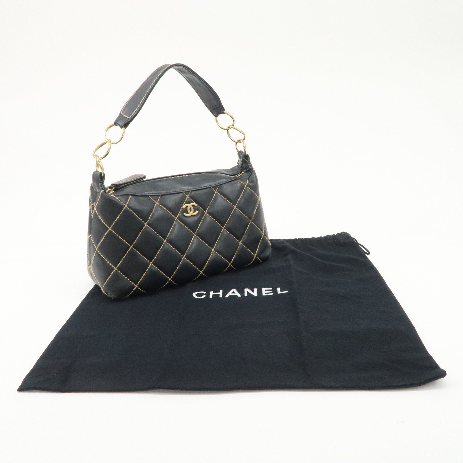 CHANEL COCO Mark Wild Stich Lamb Skin Chain Shoulder Bag Black Used