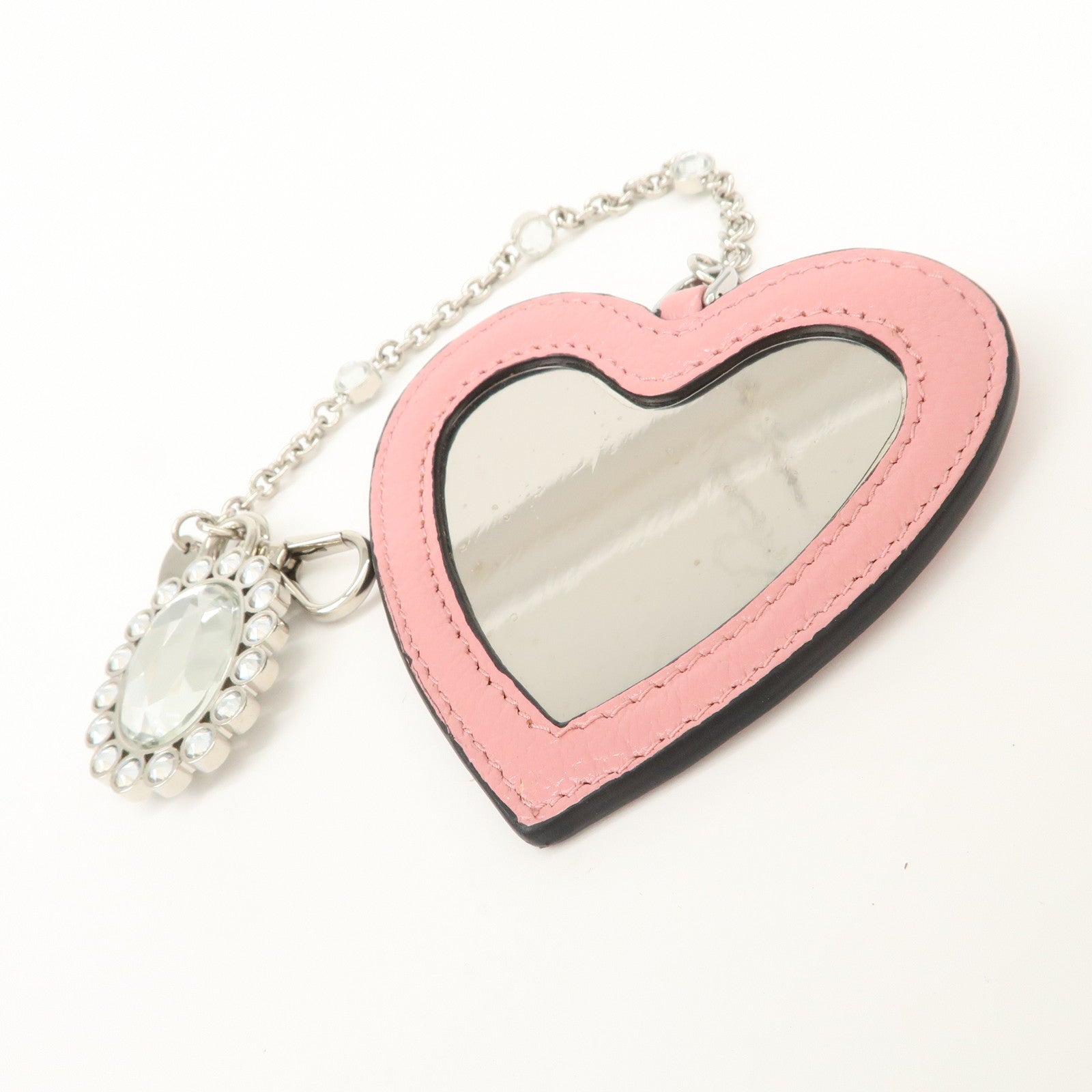 MIU MIU Leather Heart Motif Mirror Bag Charm Key Chain Pink 5TL376