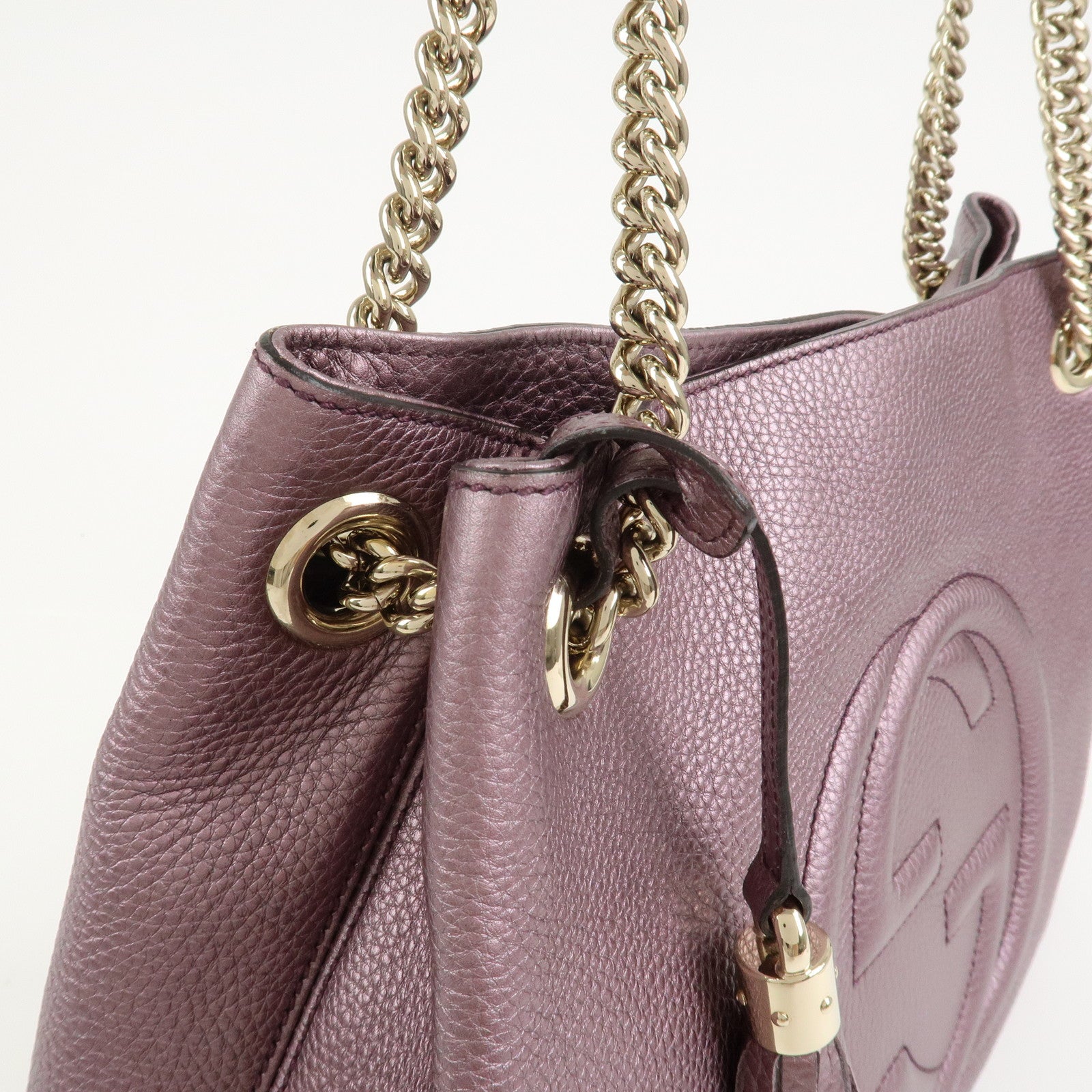GUCCI SOHO Logo Leather Chain Shoulder Bag Metallic Purple 308982