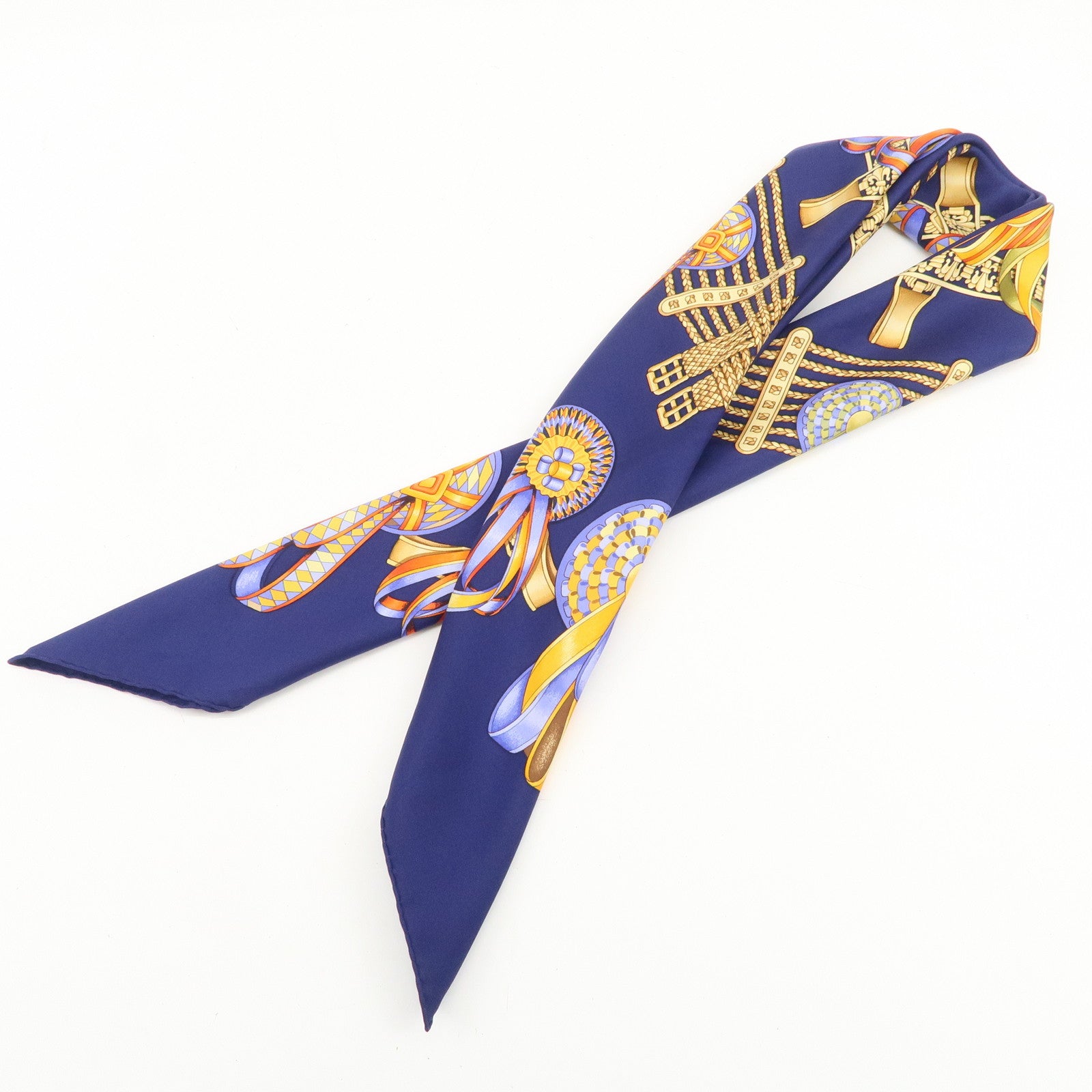 HERMES Carre 90 LES RUBANS DU CHEVAL Silk 100% Scarf Navy