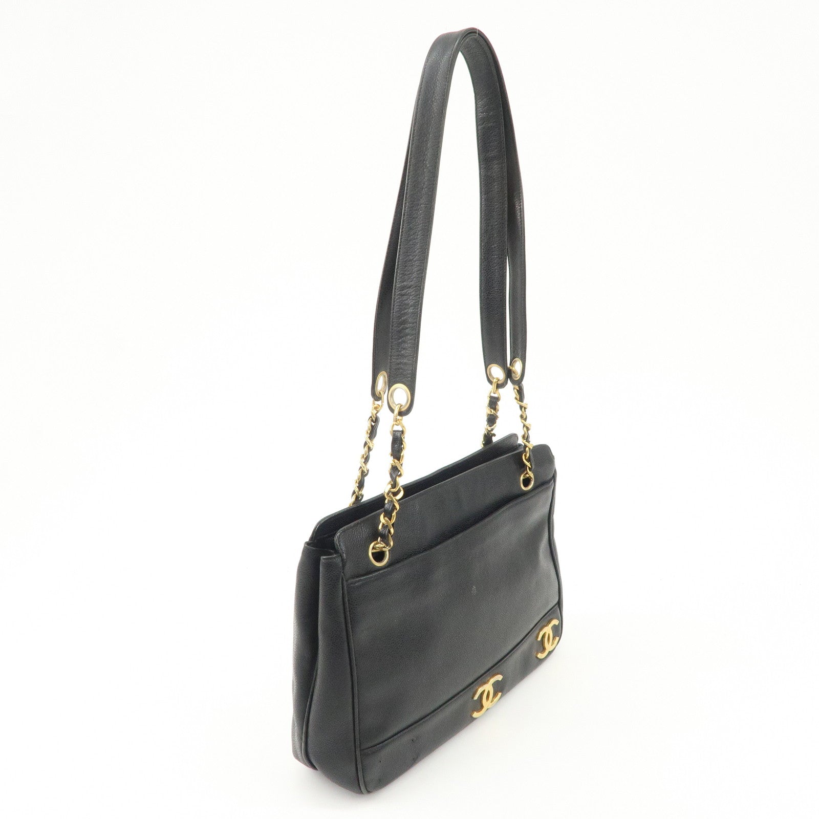 CHANEL Triple COCO Mark Caviarskin Shoulder Bag Black Gold HDW Used