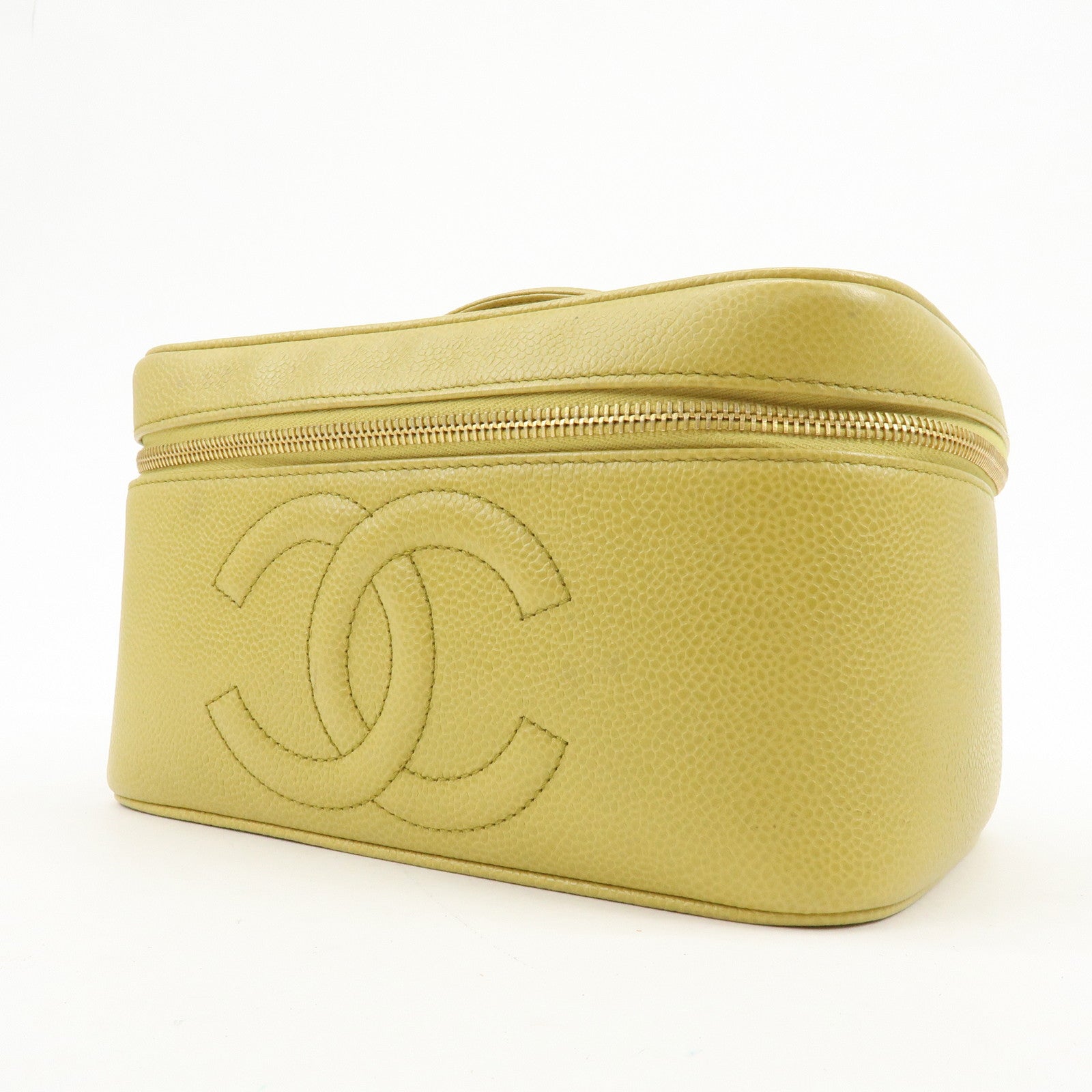 CHANEL Caviarskin Hand Bag Vanity Bag Cosmetic Pouch Lime Yellow