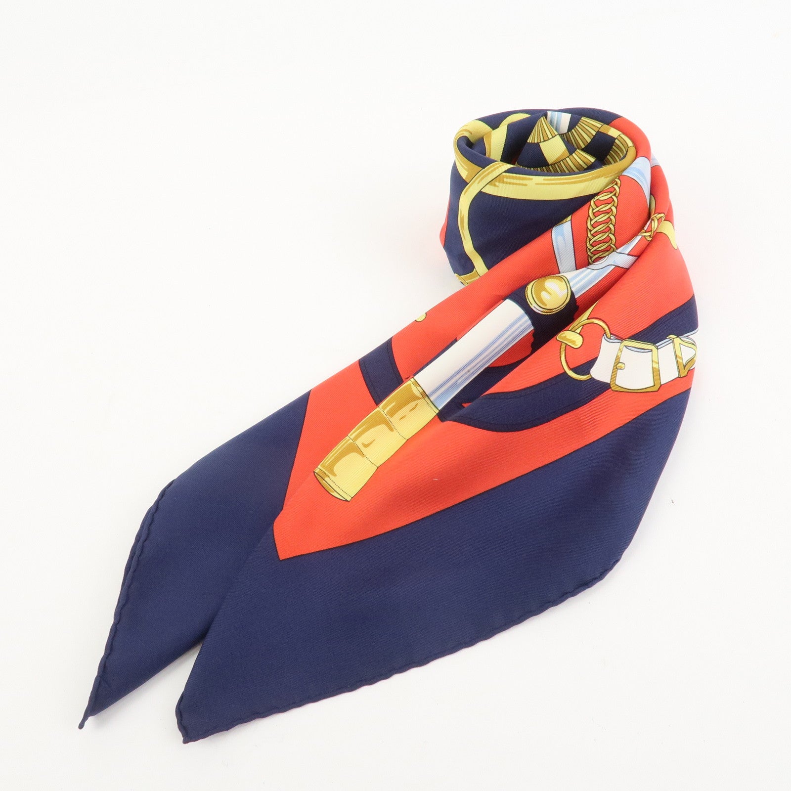 HERMES Carre 90 Silk 100% Scarf Eperon d'or White Navy