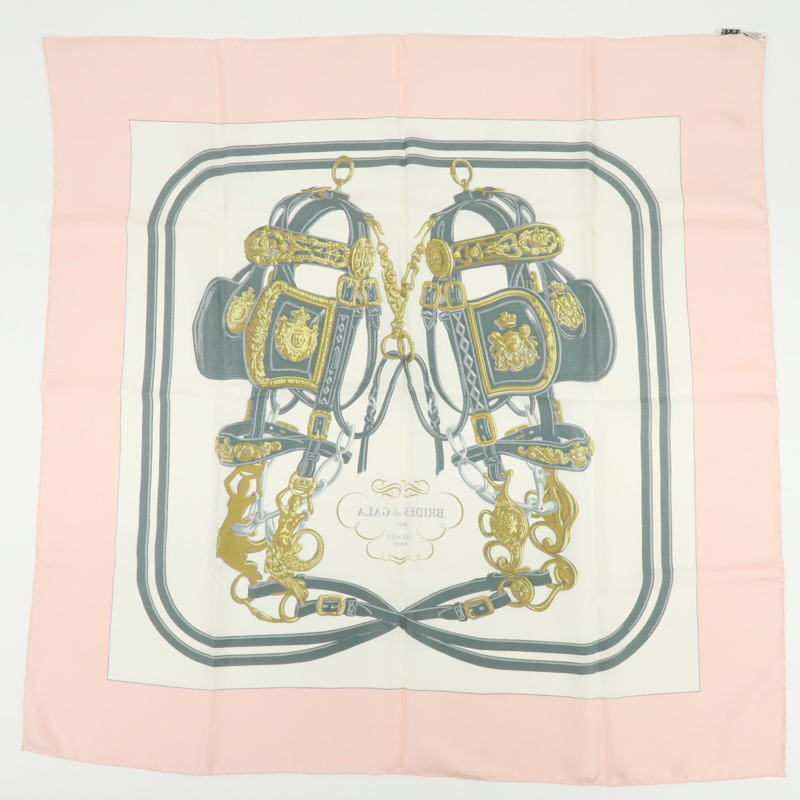 HERMES Carre 90 Silk 100% BRIDES DE GALA Scarf Light Pink White
