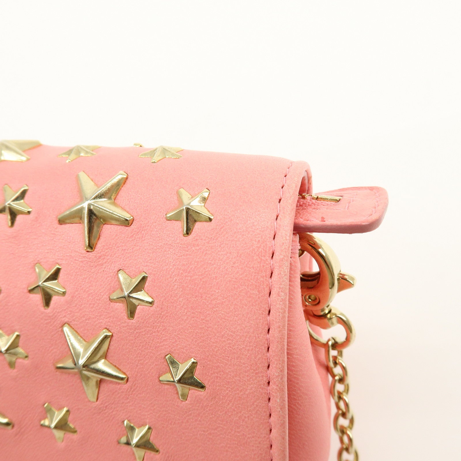 JIMMY CHOO Studs Leather Chain Shoulder Bag Crossbody Bag Pink