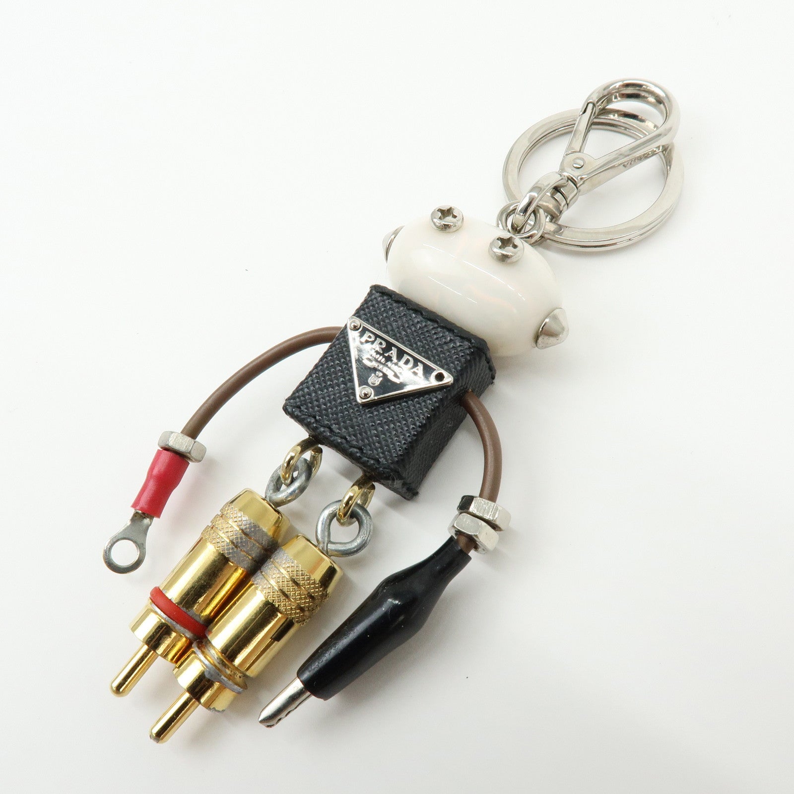 PRADA Triangle Logo Leather Metal Bag Charm Key Charm Black 1ARA97
