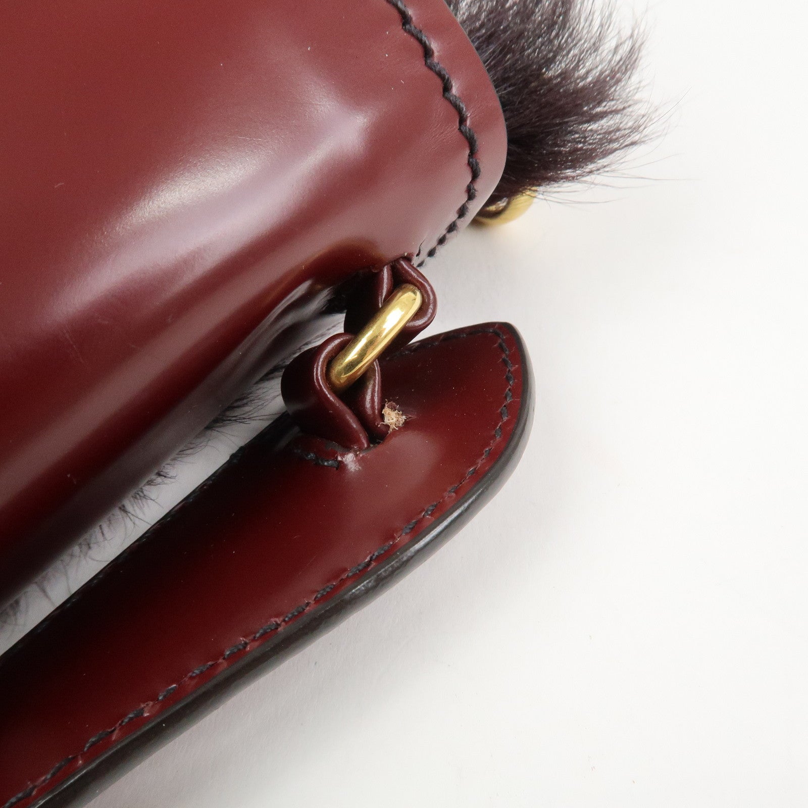 PRADA Leather Fur Chain Shoulder Bag Crossbody Bag Brown BP0368