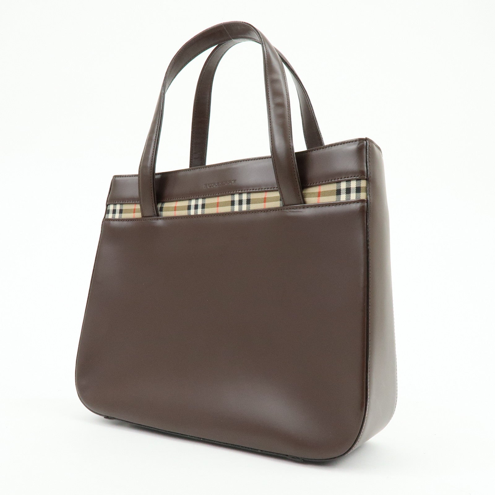 BURBERRY Nova Plaid Leather Hand Bag Tote Bag Brown