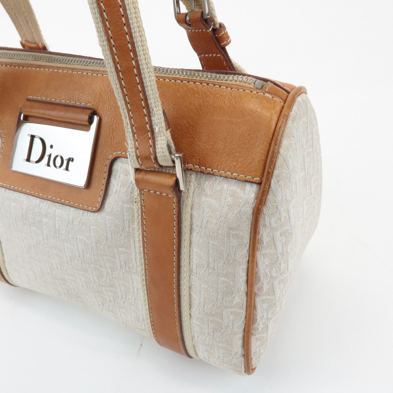 Christian Dior Trotter Canvas Leather Mini Boston Bag White Brown