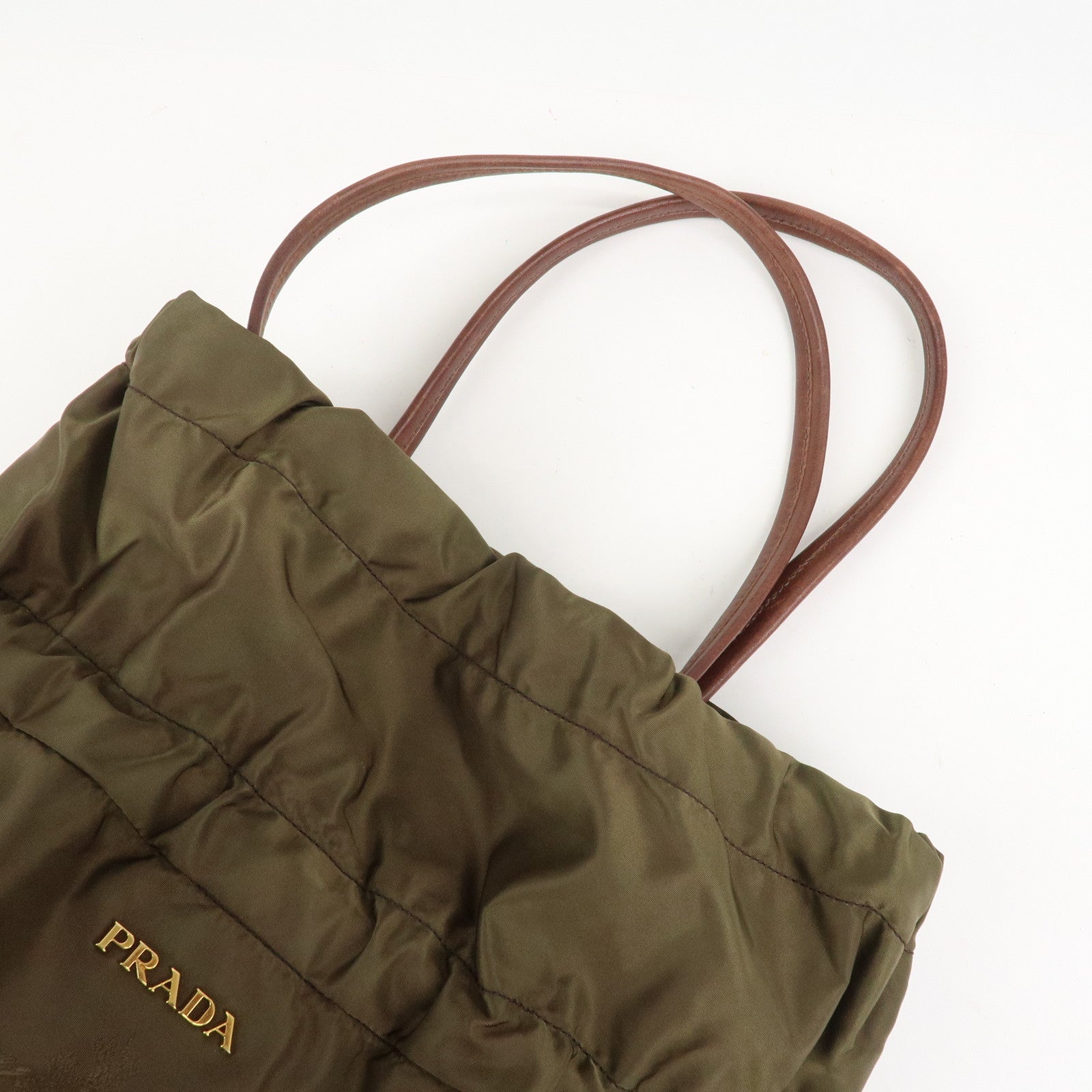 PRADA Logo Nylon Leather Drawstring Tote Bag Shoulder Bag Brown