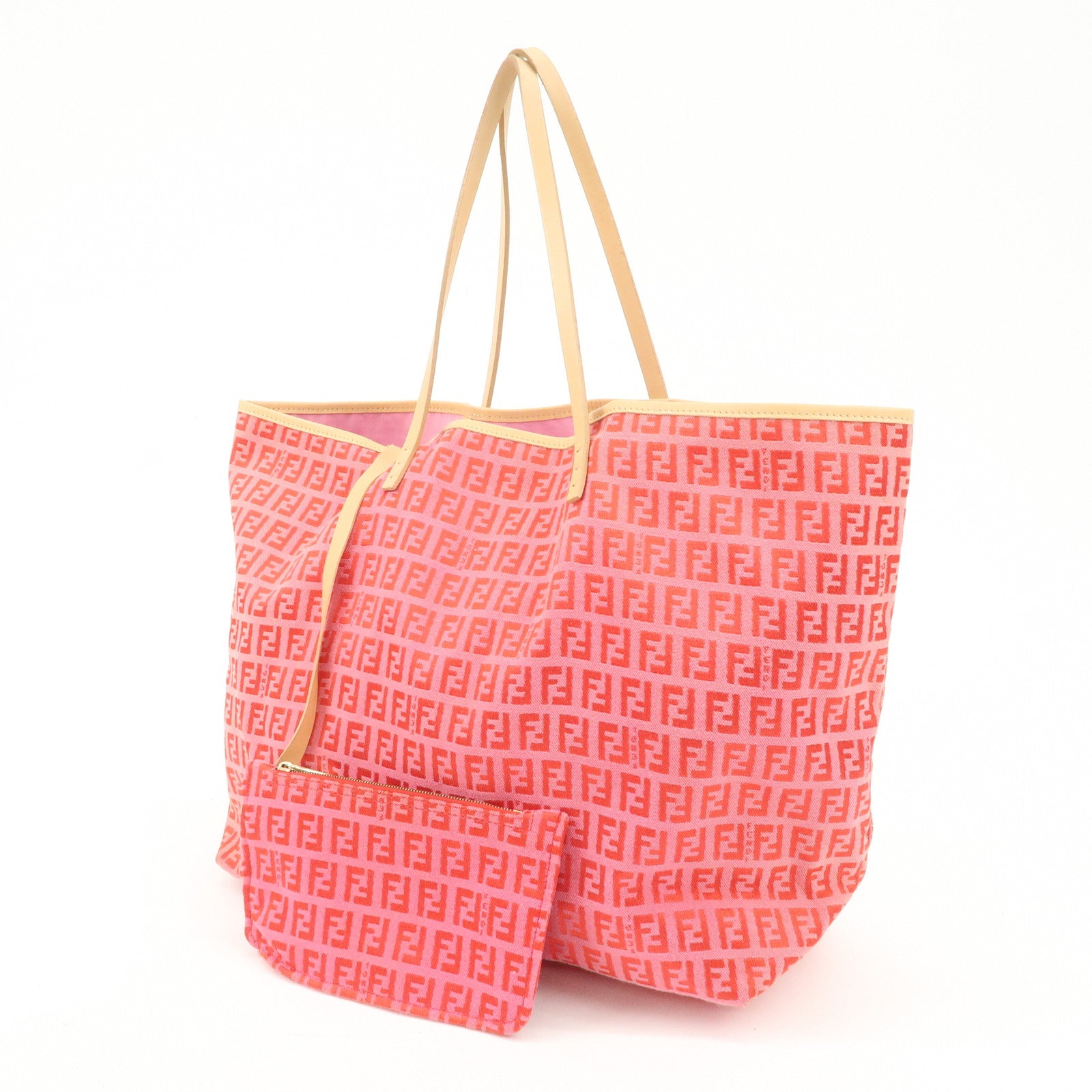 FENDI Zucchino Canvas Leather Tote Bag Shoulder Bag Red Pink 8BH005
