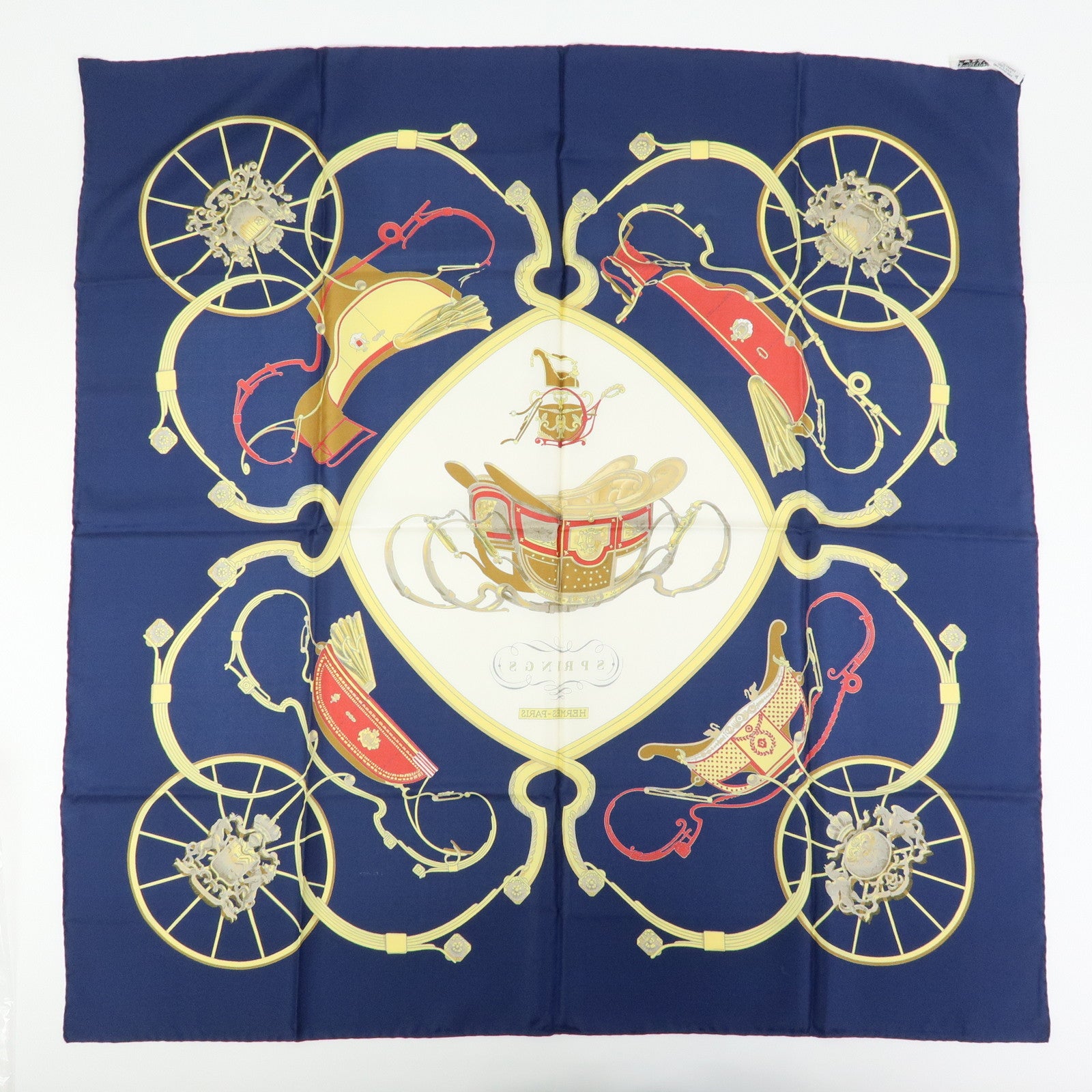 HERMES Carre 90 Silk 100% Scarf SPRINGS Navy Yellow White