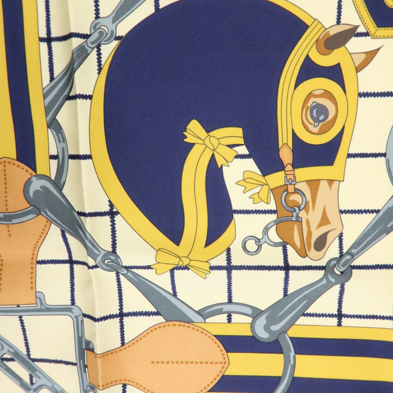 HERMES Carre 70 Silk 100% Scarf Tattersalles Navy Beige