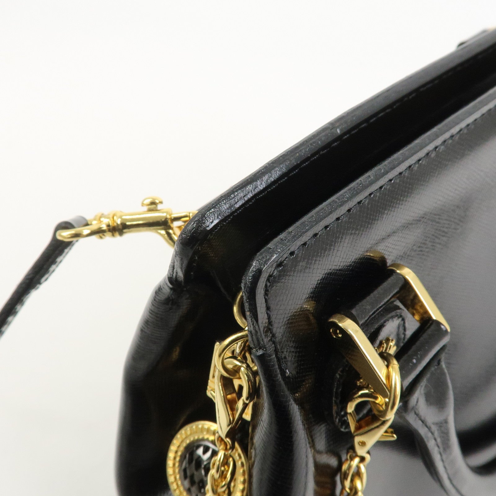 VERSACE Leather 2Way Hand Bag Shoulder Bag Black Gold