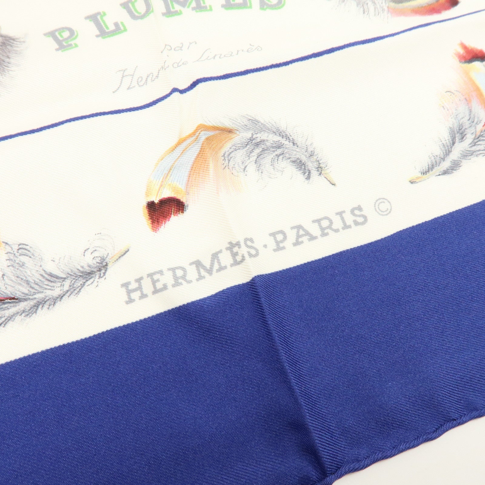 HERMES Carre 90 100% Silk Scarf PLUMES Feather Print Blue White