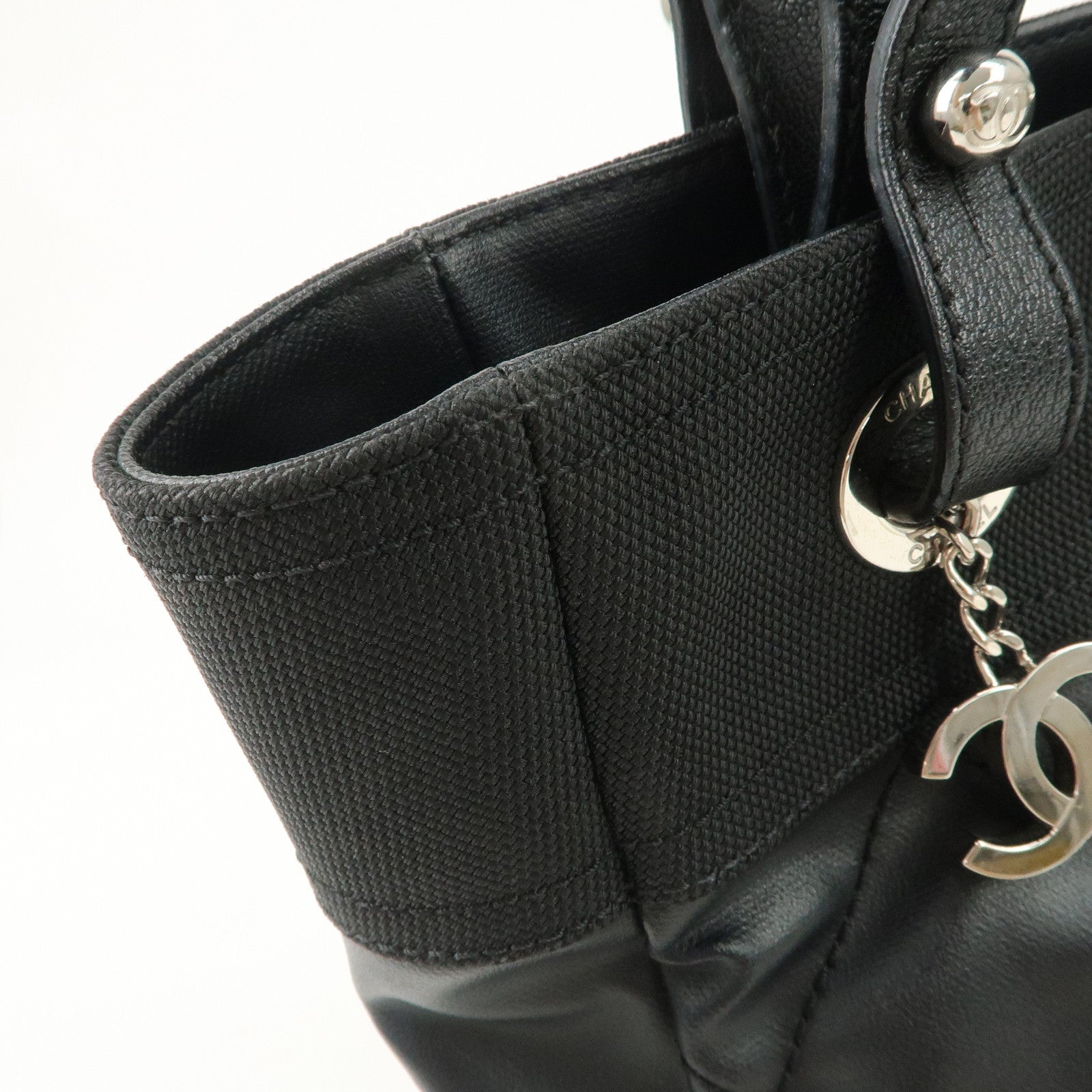 CHANEL Paris Biarritz PM Coated Canvas Leather Tote Bag Black A34208 Used