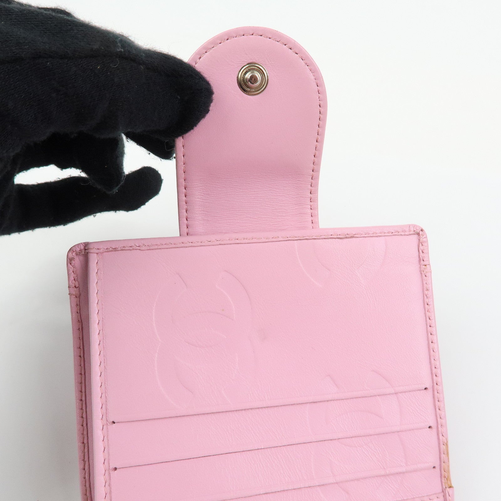 CHANEL Cambon Line Matelasse Lamb Skin Bi-fold Compact Wallet Pink