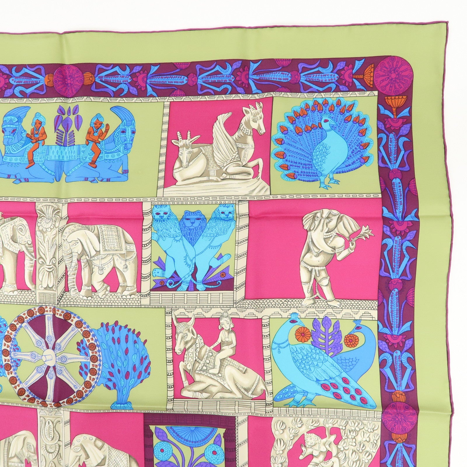HERMES Carre 90 Silk 100% Scarf TORANA Pink Blue Green Used