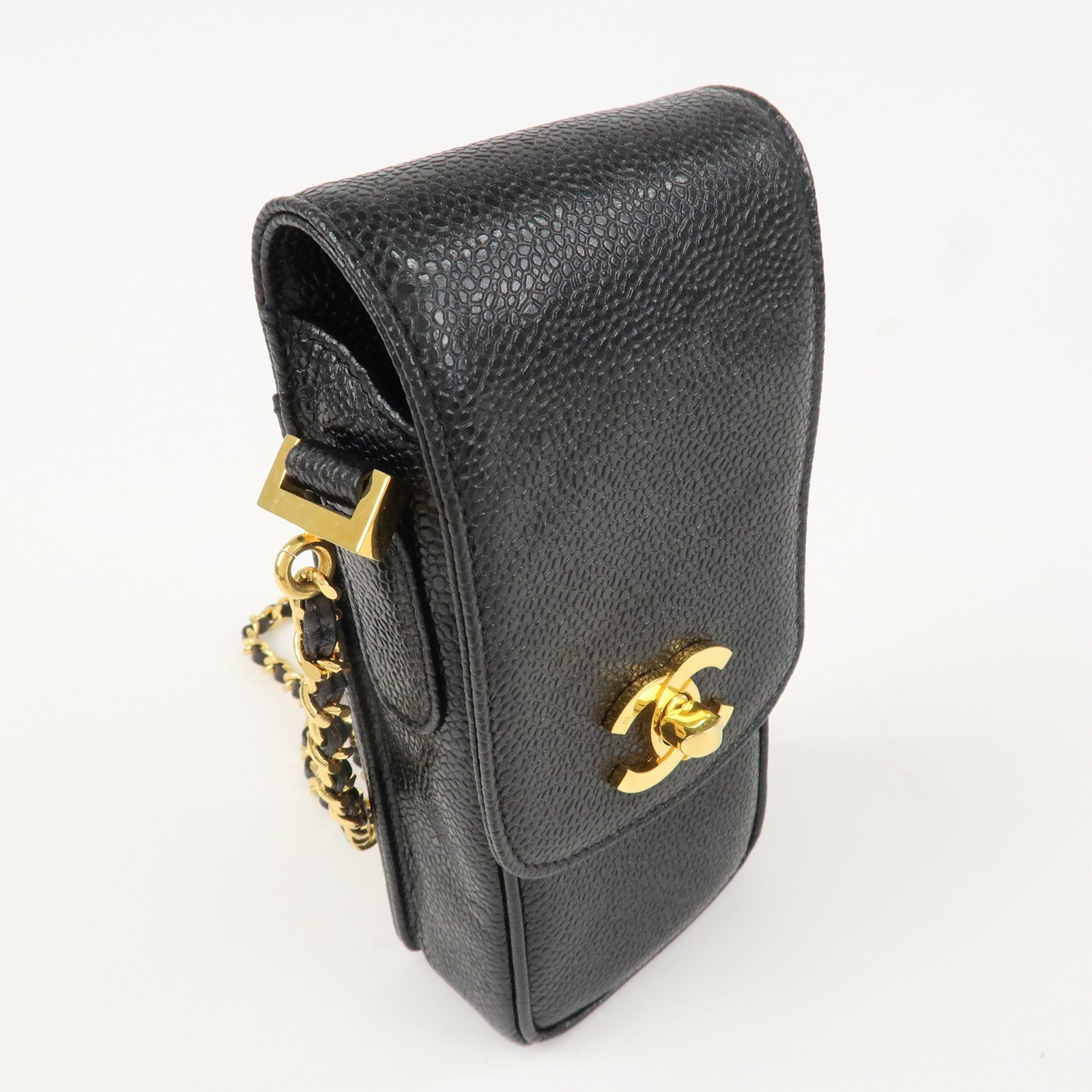 CHANEL COCO Mark Leather Chain Phone Shoulder Black Gold HDW3513453 Used