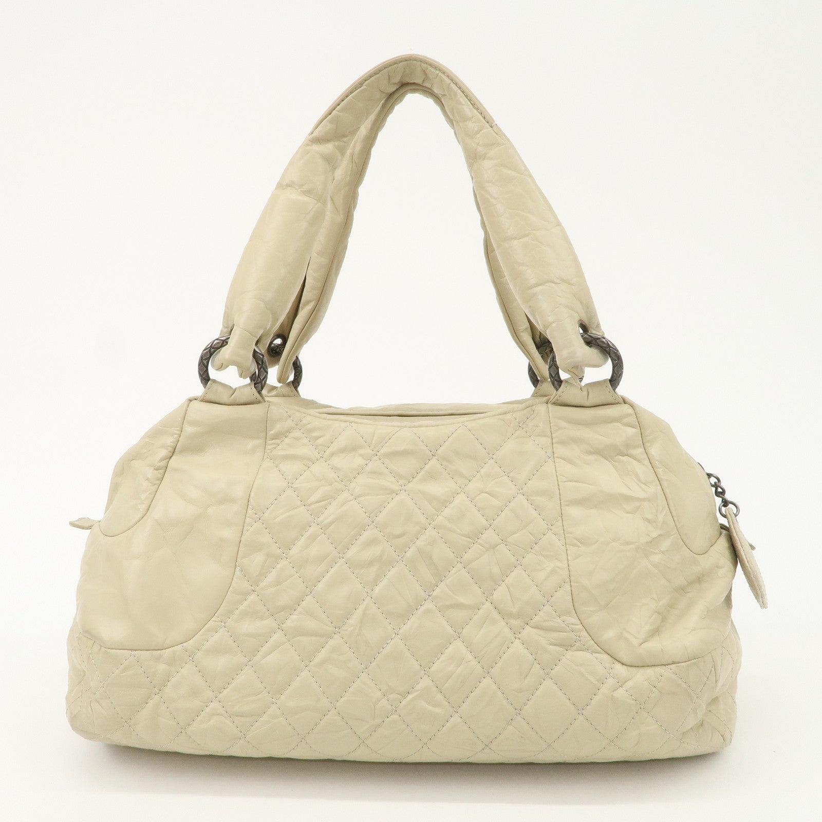 CHANEL Matelasse Leather COCO Mark Boston Bag Ivory Used