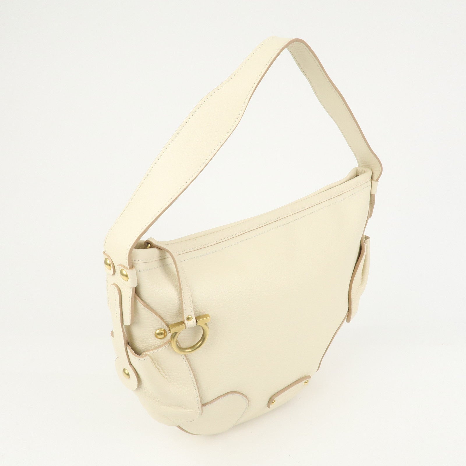 Ferragamo Gancini Logo Leather Shoulder Bag Hand Bag Ivory