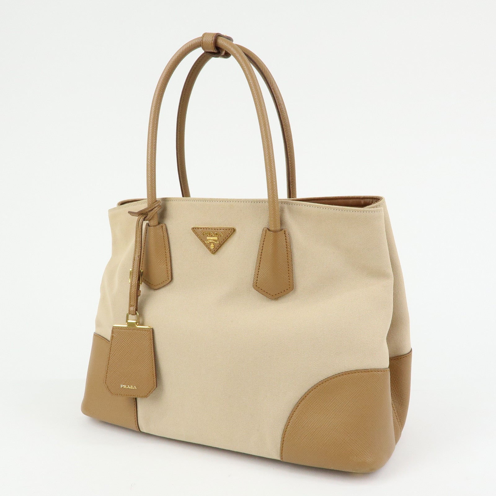 PRADA Triangle Logo Canvas Leather Tote Bag Beige Brown B2756T