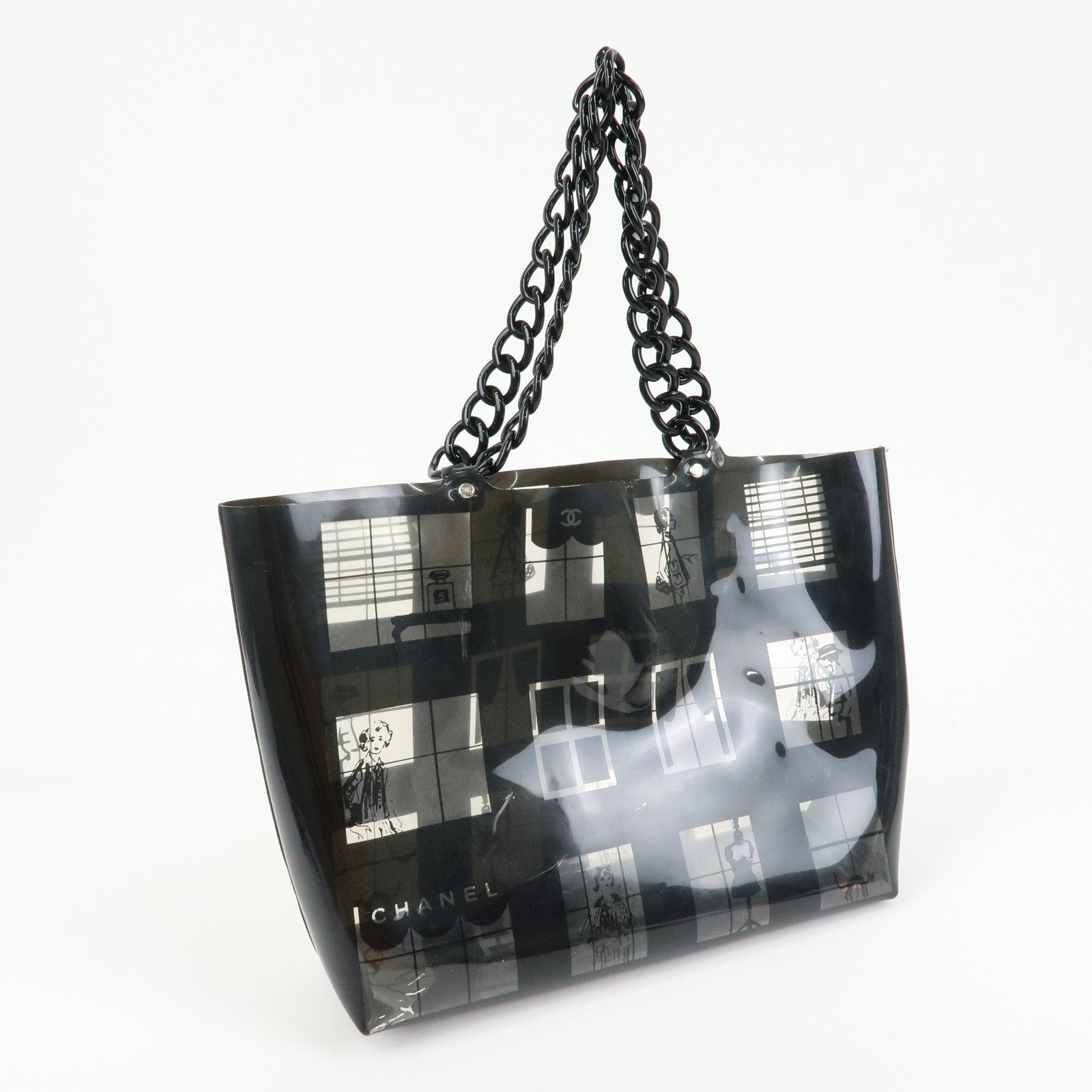 CHANEL Windows Line COCO Mark Vinyl Plastic Chain Tote Bag Black