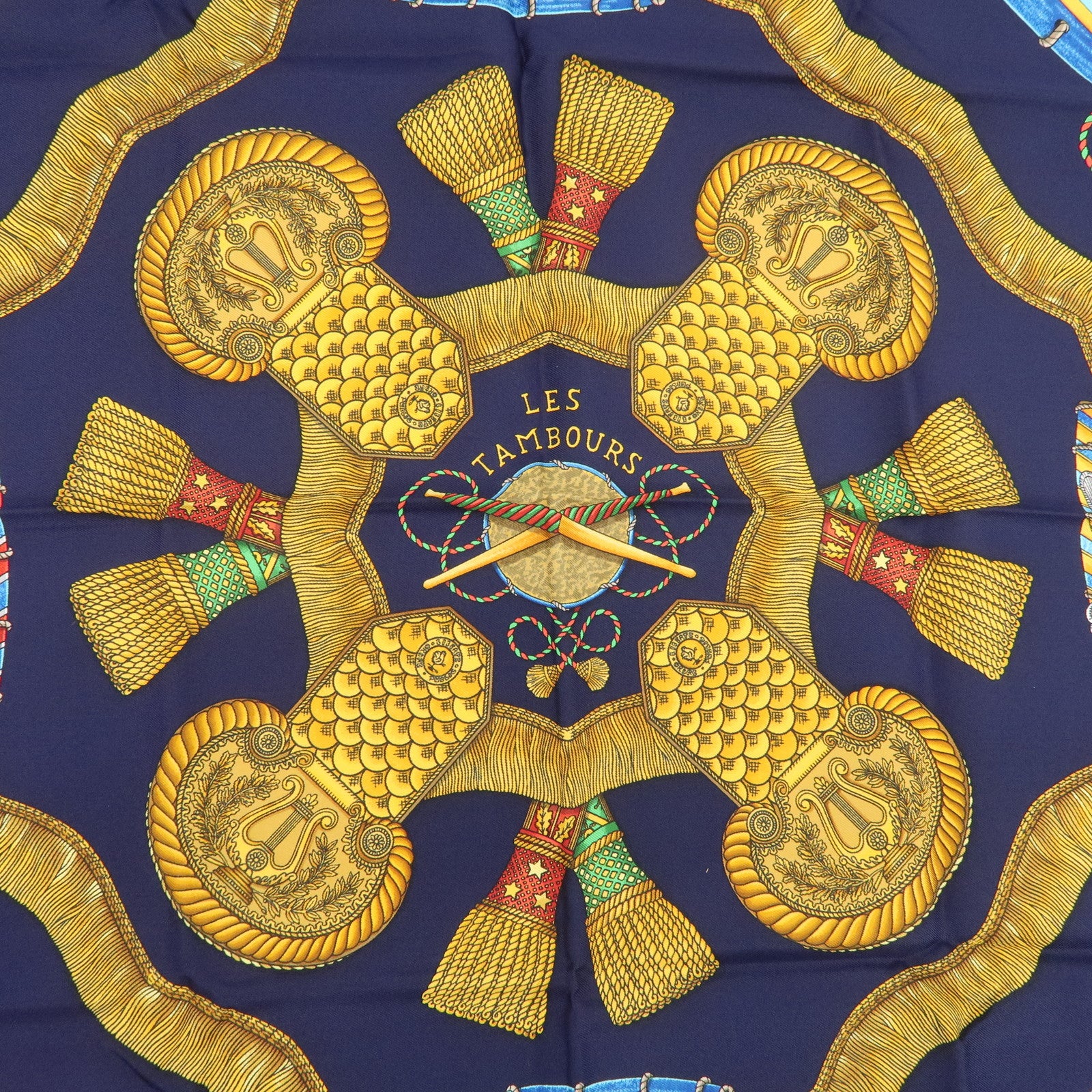 HERMES Carre 90 Silk 100% LES TAMBOURS Scarf Navy Gold
