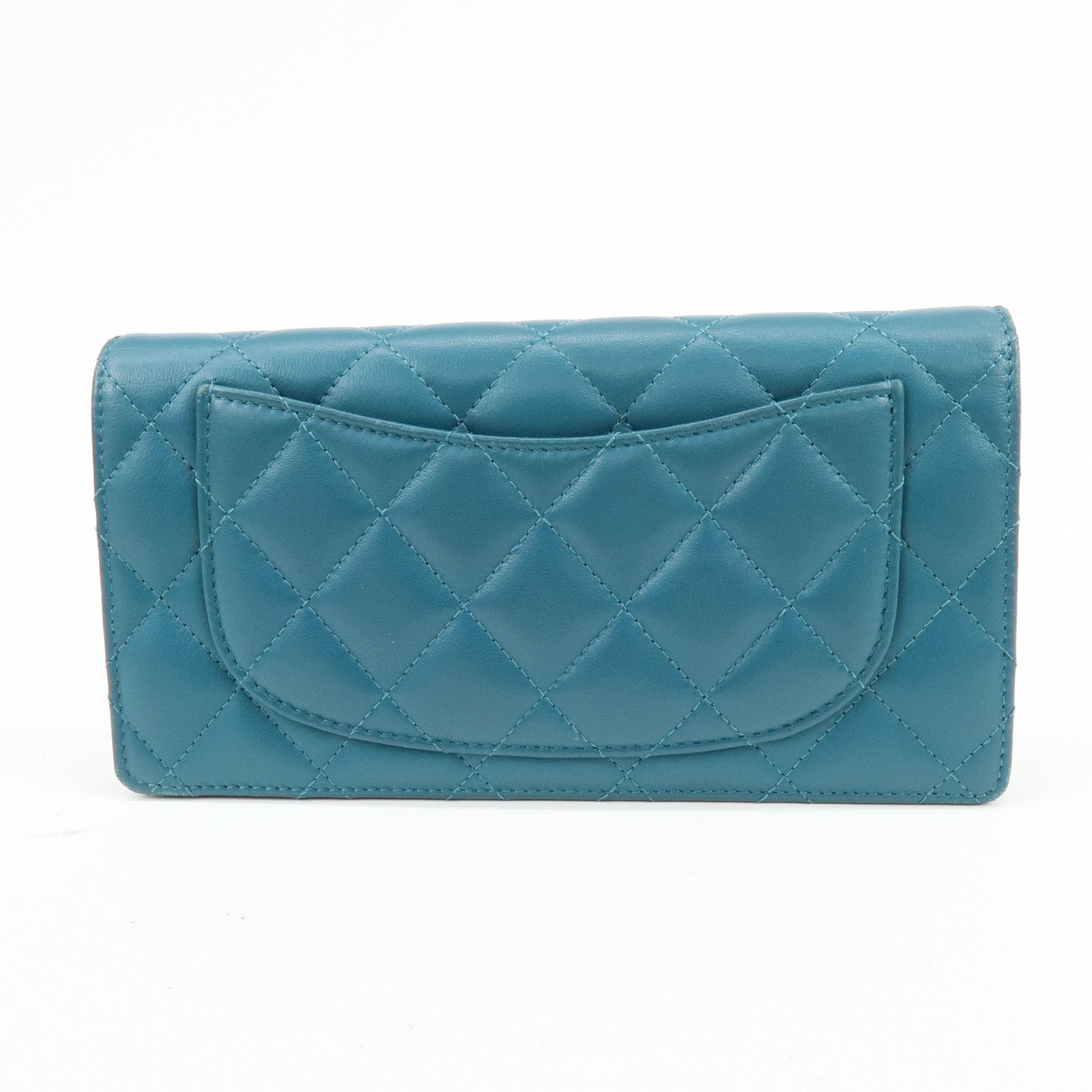 CHANEL COCO Mark Matelasse Lamb Skin Bi-fold Flap Long Wallet Blue