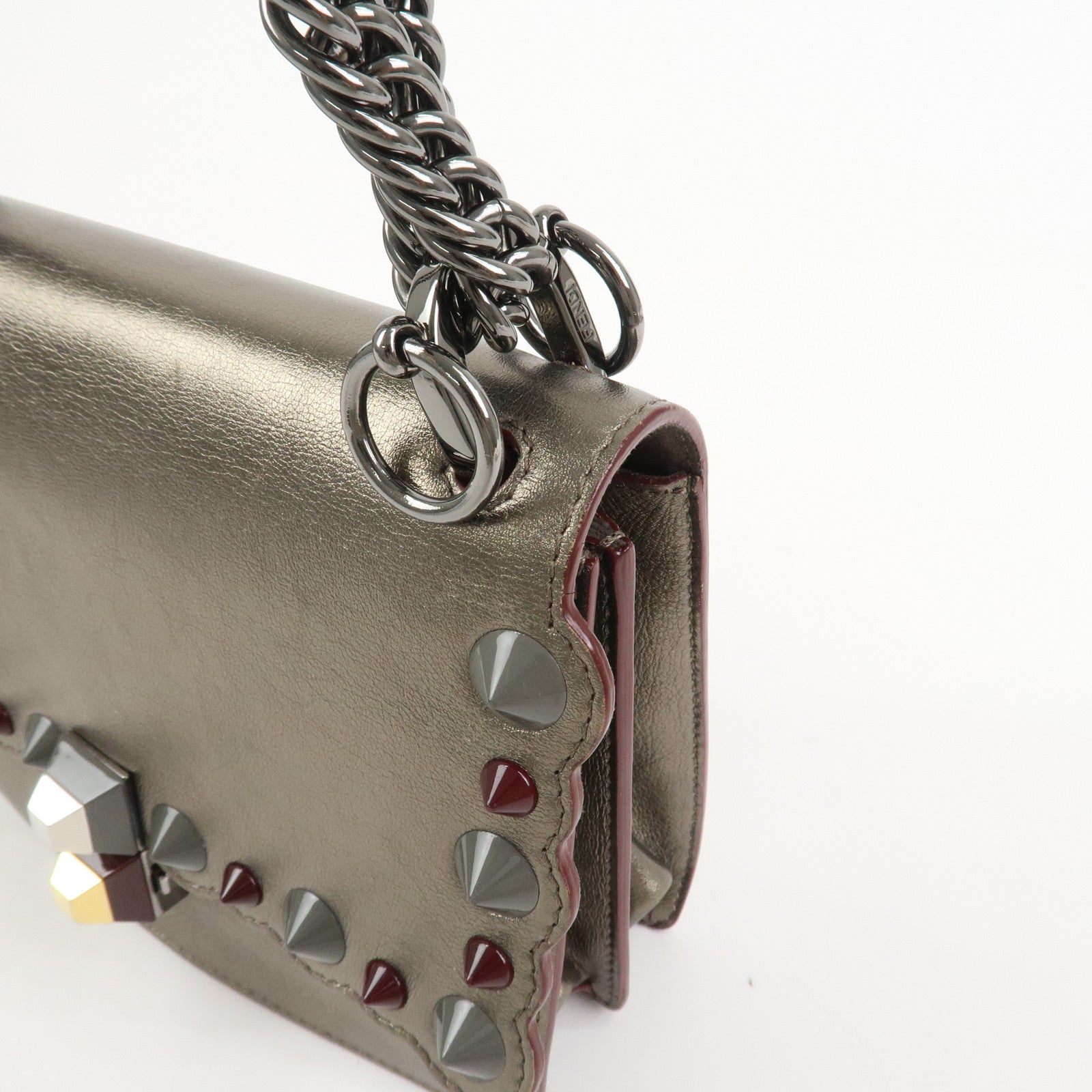 FENDI Mini Kan I Leather Chain Shoulder Bag Metallic Gray 8M0381