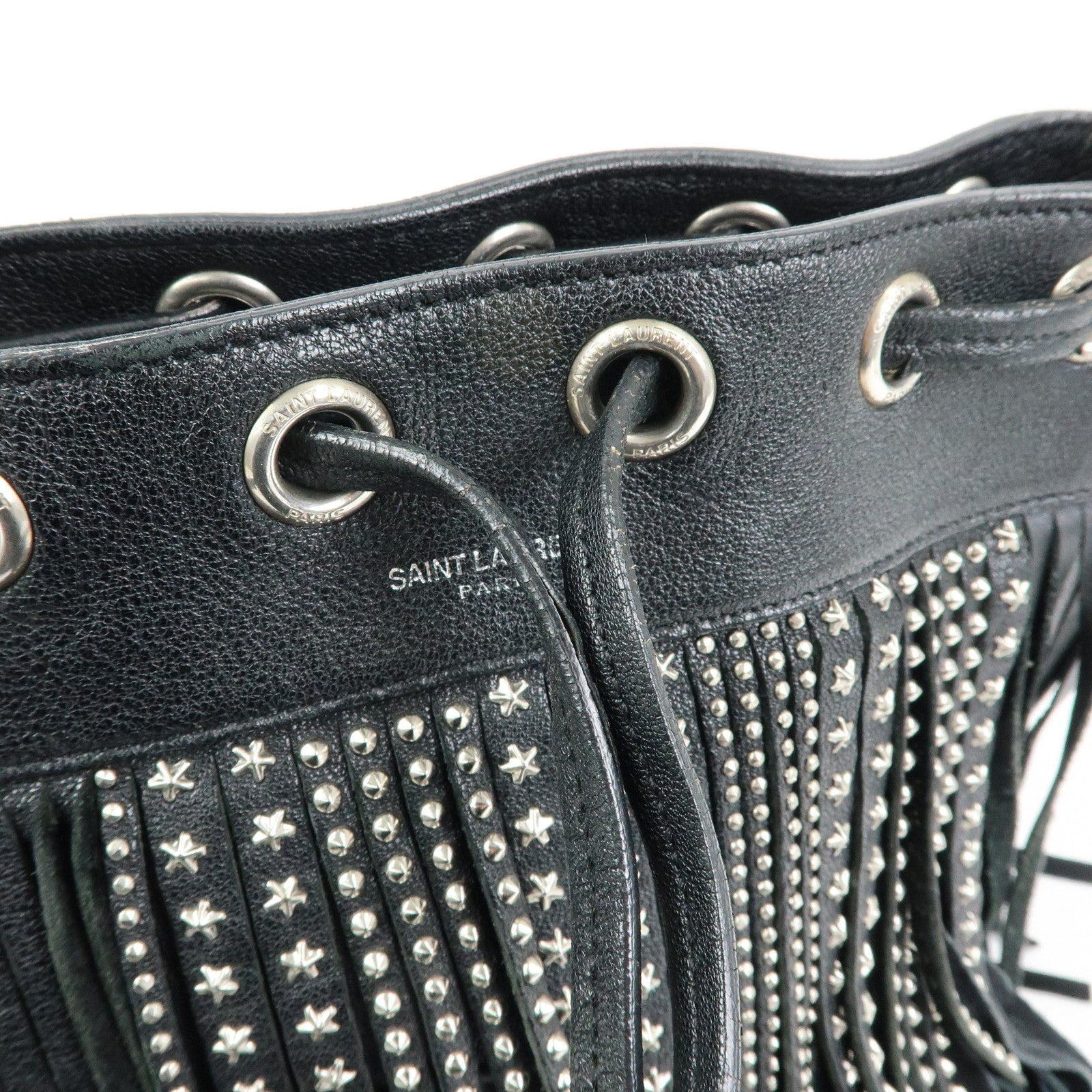SAINT LAURENT PARIS Leather Fringe Shoulder Bag Black 357603