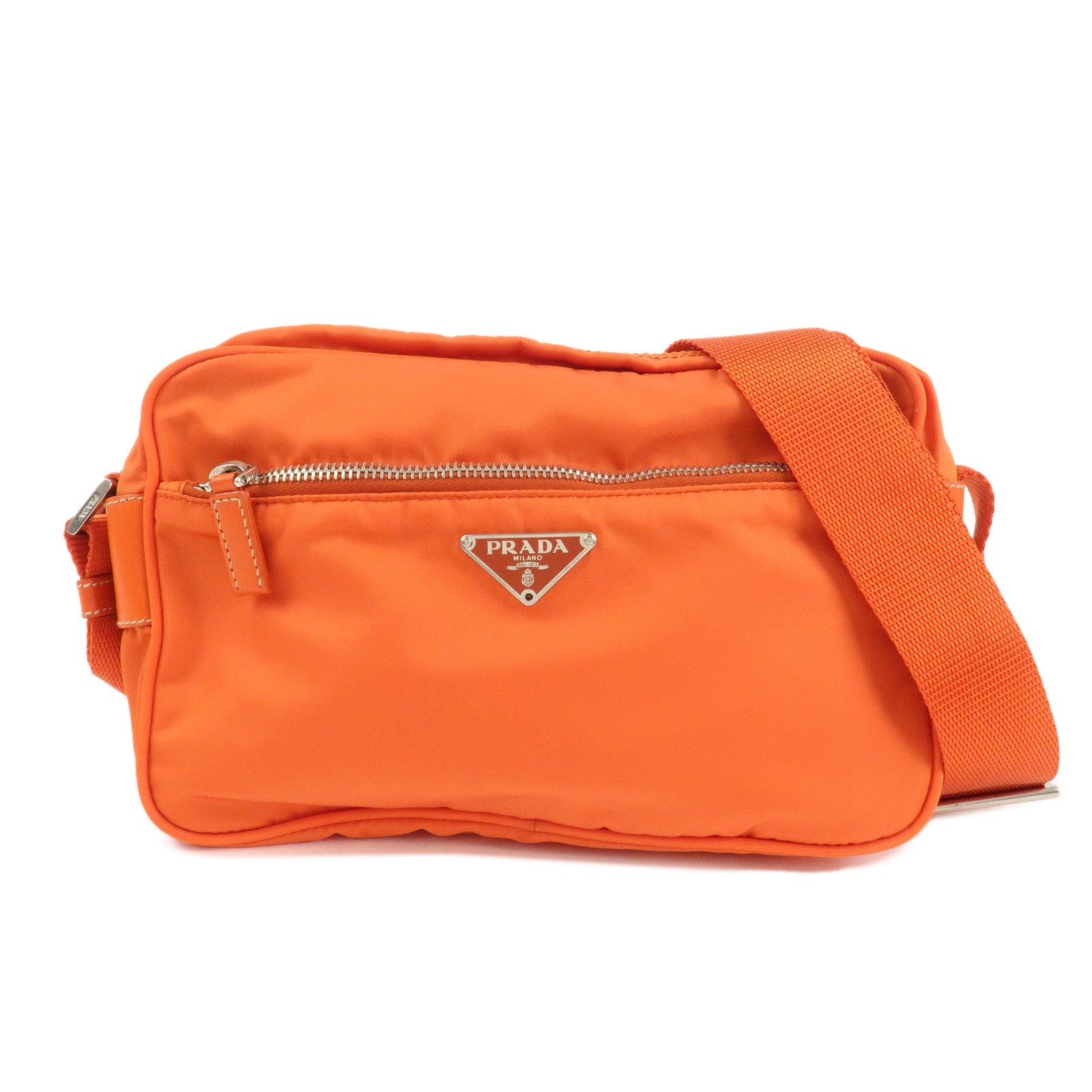 PRADA Triangle Logo Leather Nylon Shoulder Bag Orange Used