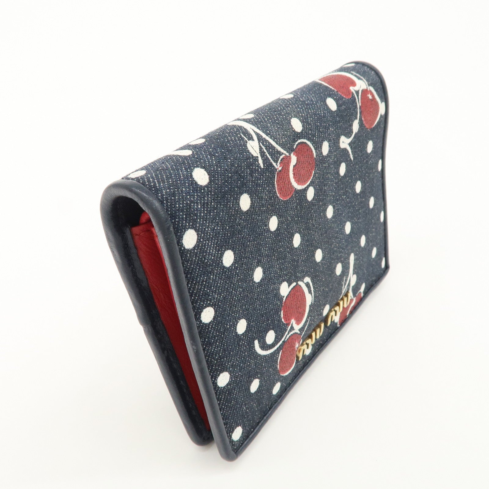 MIU MIU Cherry Denim Leather Bifold Compact Wallet Navy Red Used