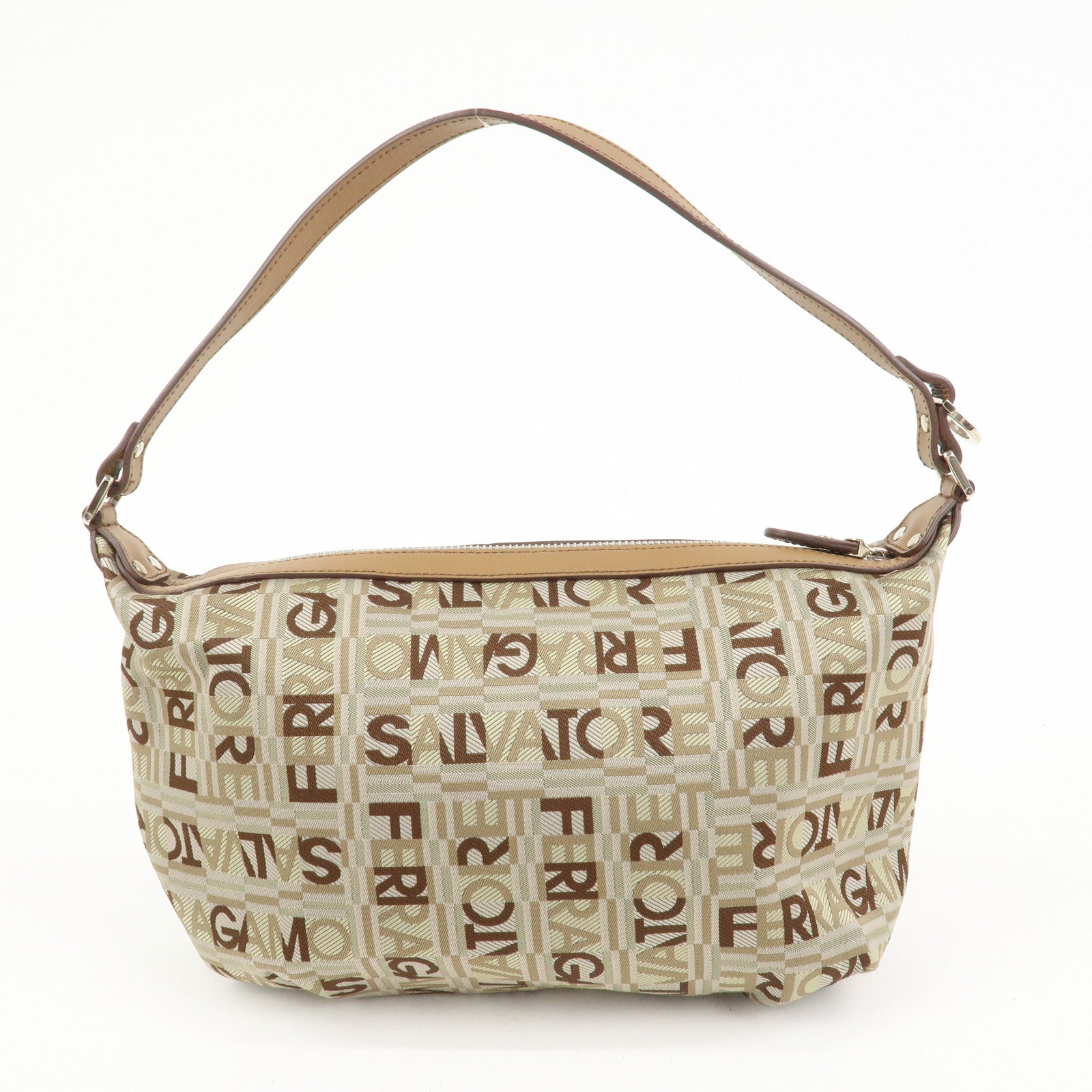 Ferragamo Logo Canvas Leather Hand Bag Shoulder Bag Beige Brown