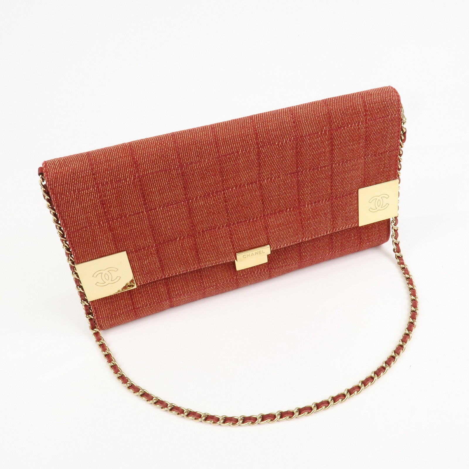 CHANEL Denim Lamb Skin Leather Chain Shoulder Bag Red