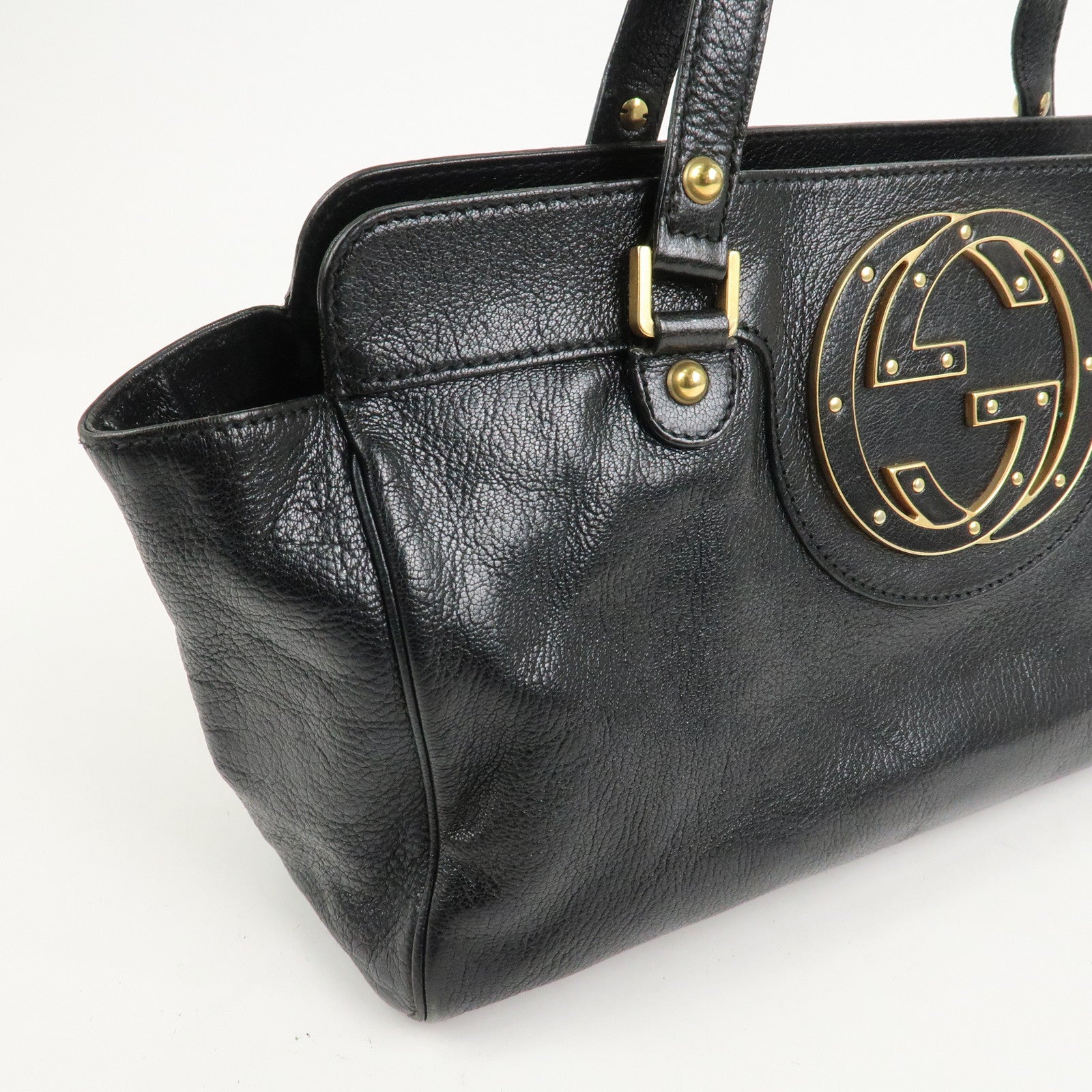 GUCCI Interlocking G Leather Blondie Studs Hand Bag Black 121551