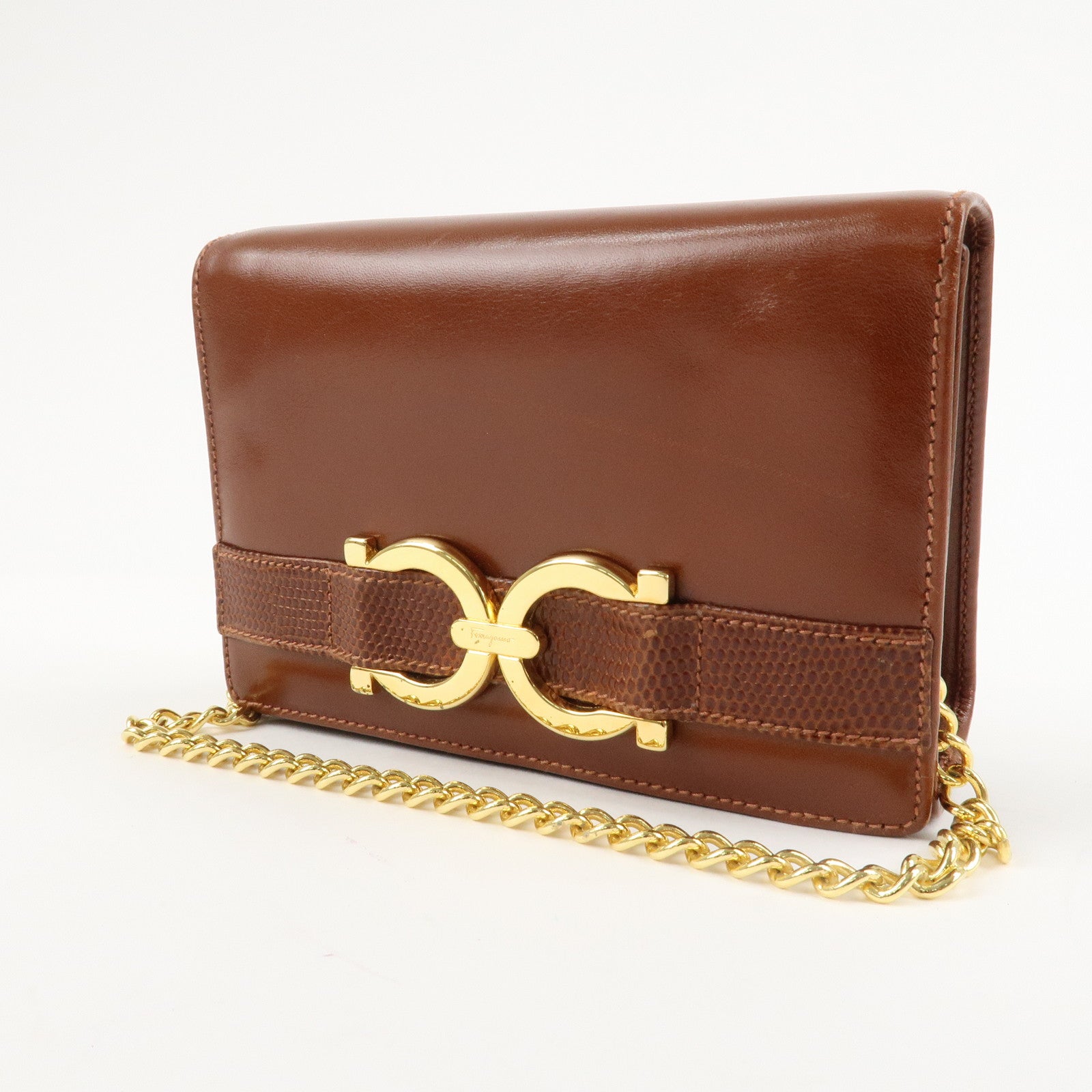 Ferragamo Gancini Leather Chain Shoulder Bag Brown Gold HDW Used