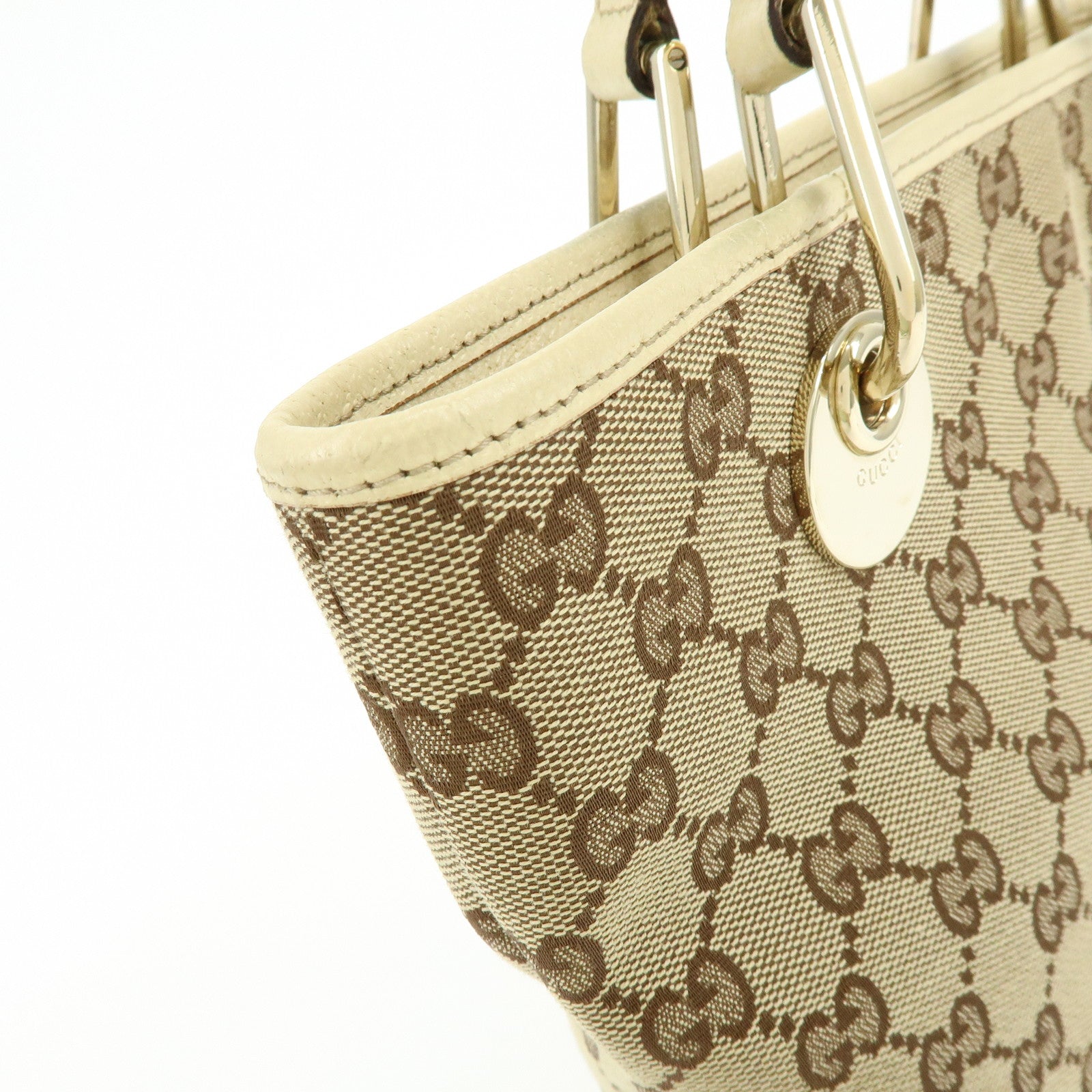 GUCCI GG Canvas Leather Tote Bag Hand Bag Beige Ivory 120840