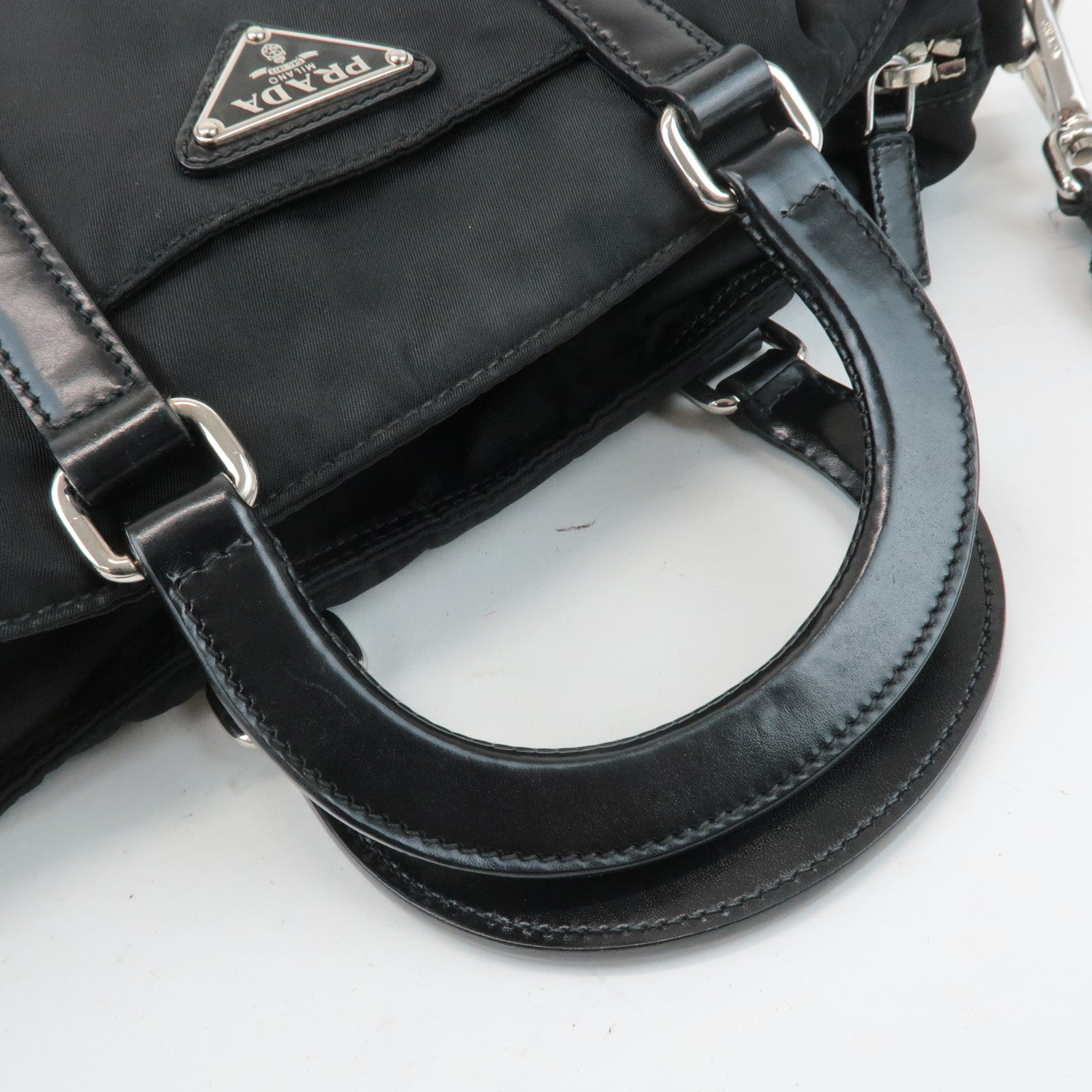 PRADA Triangel Logo Leather Nylon 2Way Bag Tote Bag Black BN1066