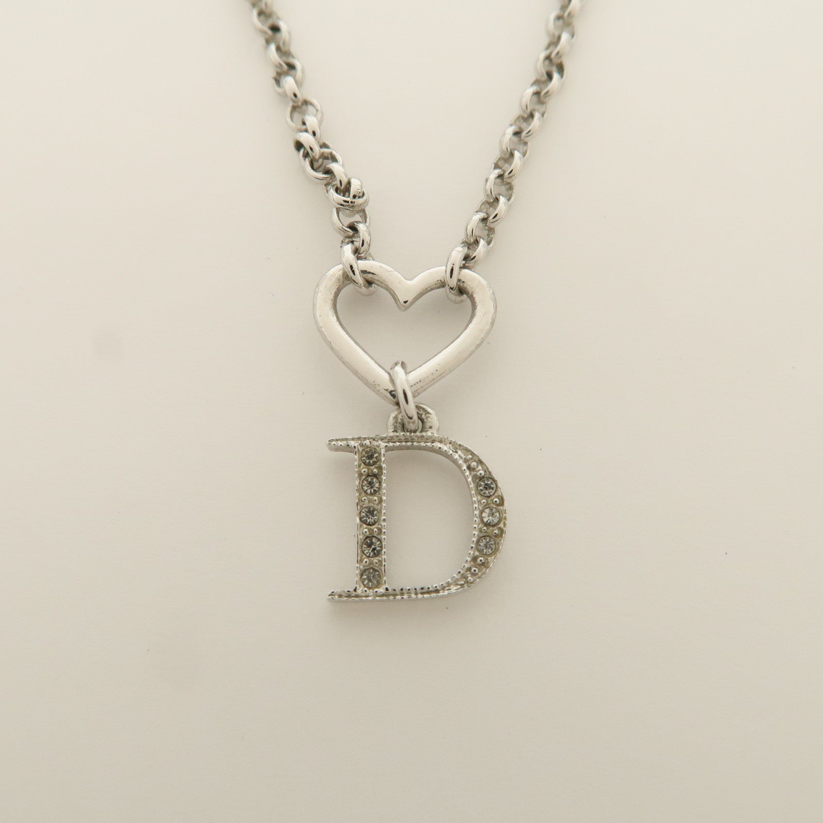 Christian Dior D Logo Heart Pendant Metal Necklace Silver