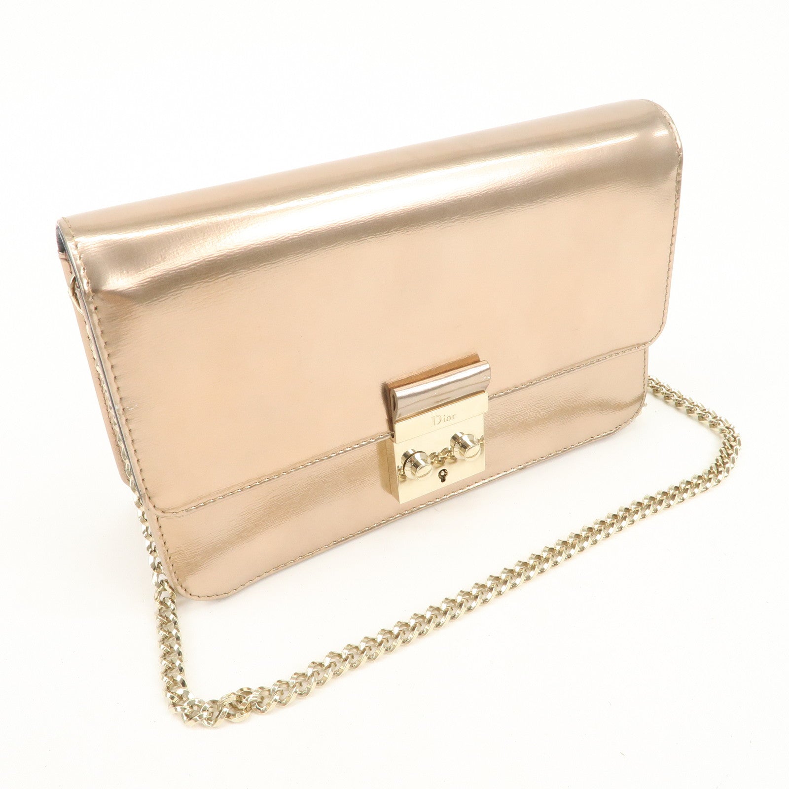 Christian Dior Patent Leather Chain Shoulder Bag Metallic Pink Used