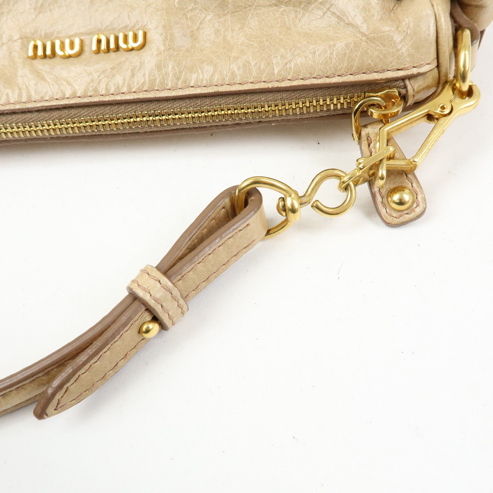 MIU MIU Leather Double Sided Ribbons Hand Bag Shoulder Bag Beige