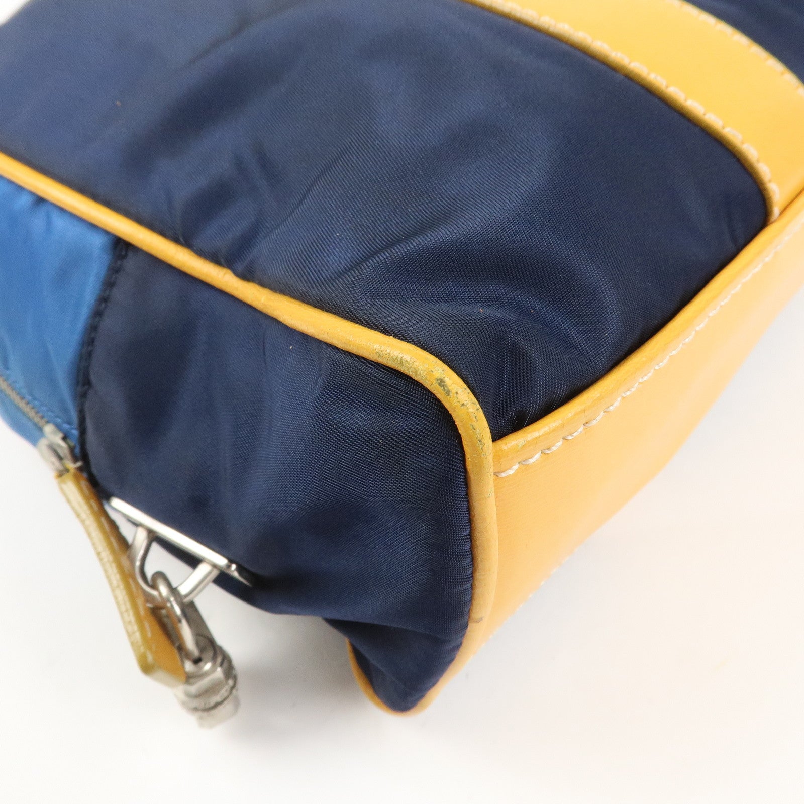PRADA Triangle Logo Nylon Leather Shoulder Bag Hand Bag Navy Yellow