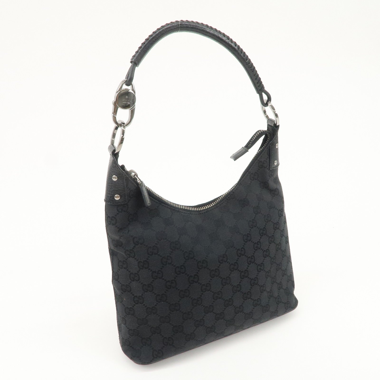 GUCCI GG Canvas Leather Shoulder Bag Hand Bag Black 115003 Used