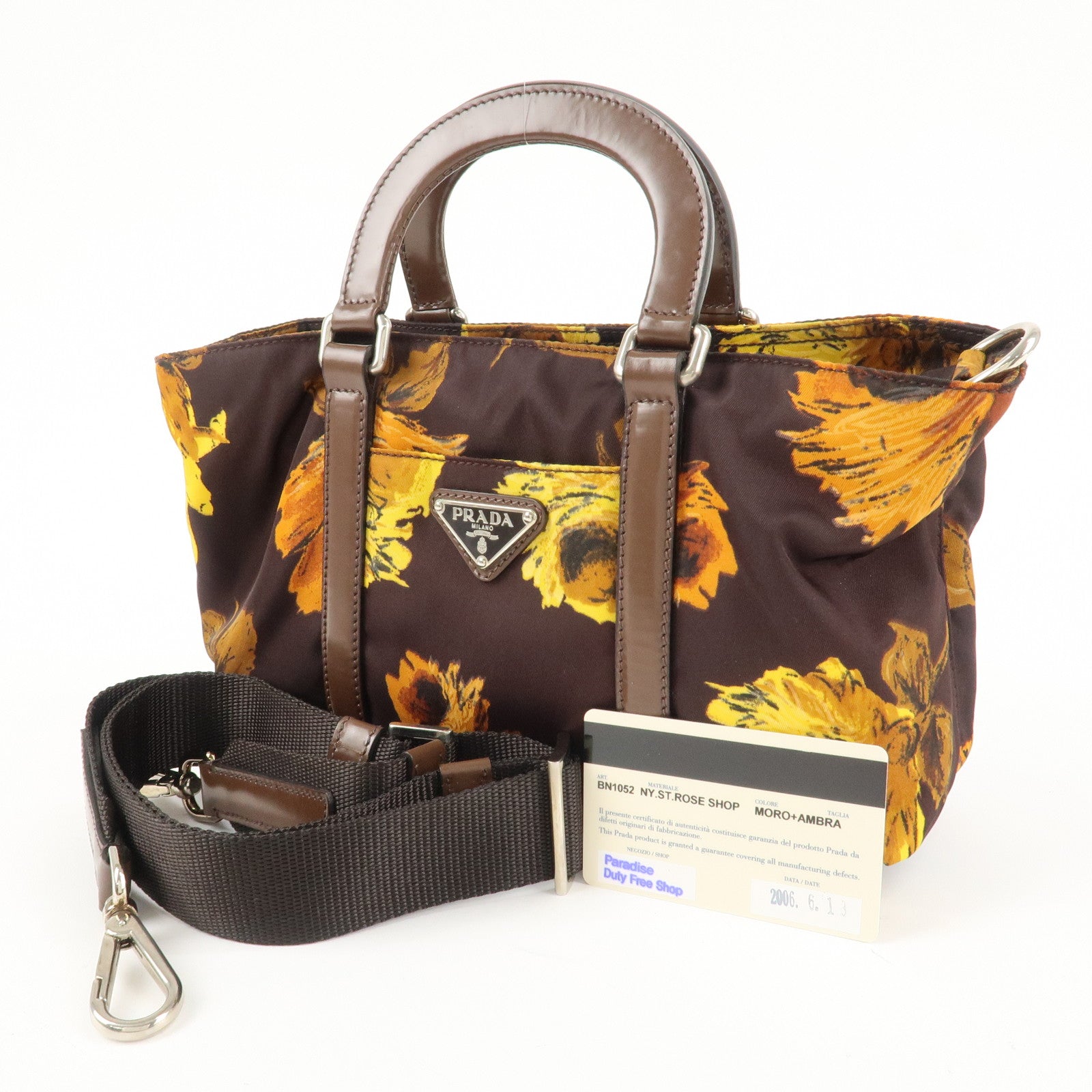 PRADA Triangle Logo 2Way Hand Bag Shoulder Bag Brown Yellow BN1052 Used