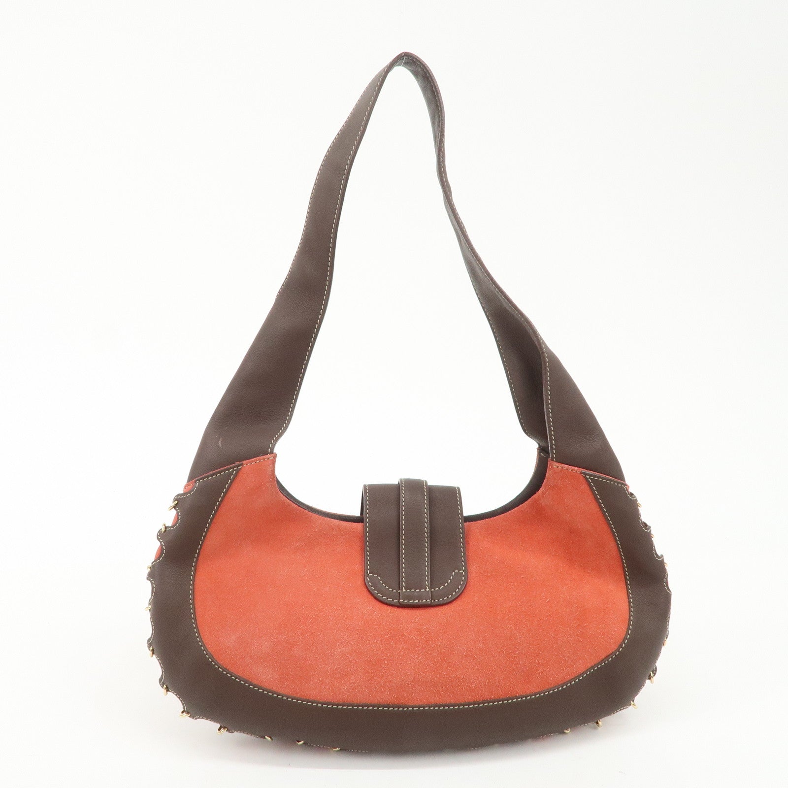 LOEWE Leather Suede Shoulder Bag Hand Bag Brown Red Gold HDW