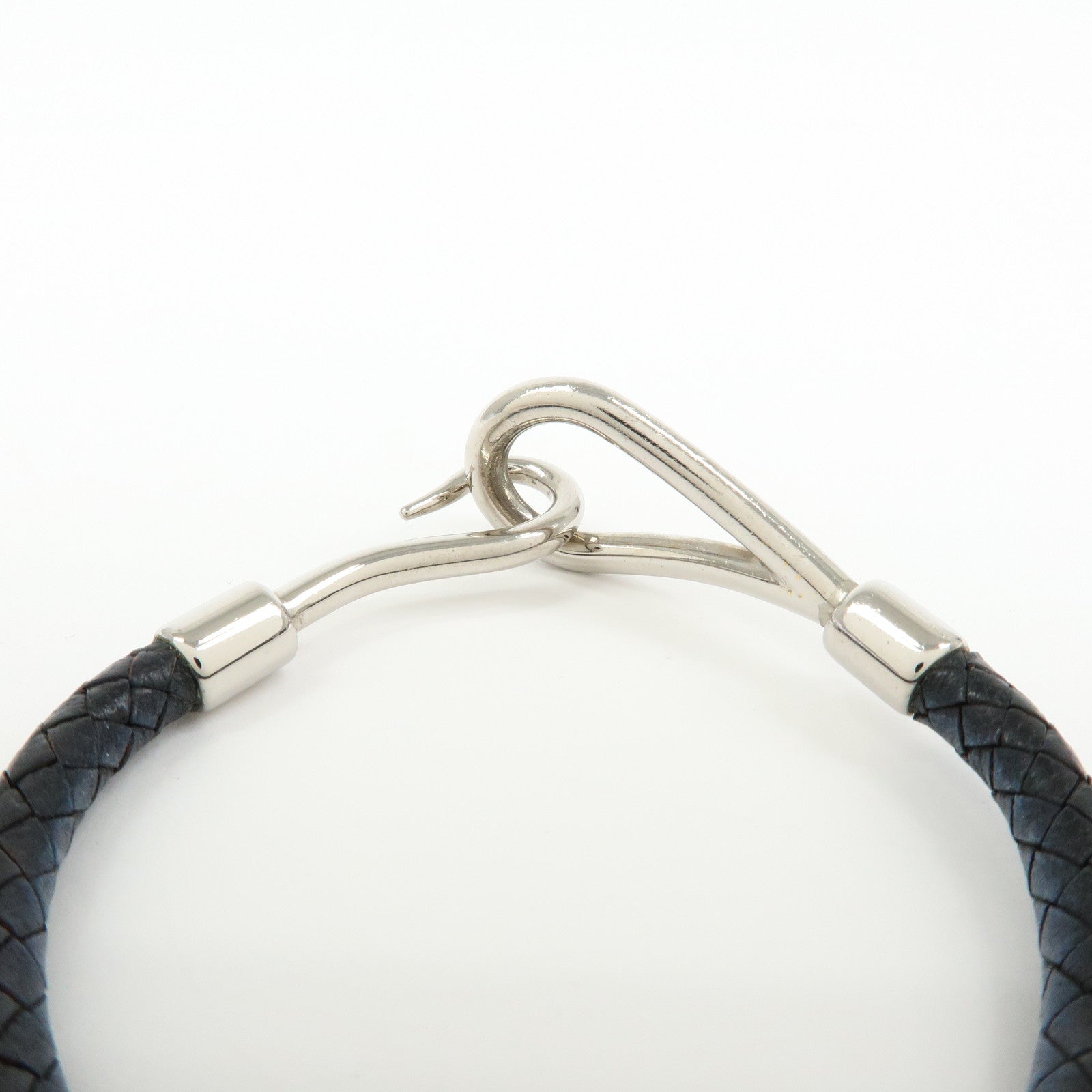 HERMES Leather Metal Jumbo Choker Bracelet Black Silver
