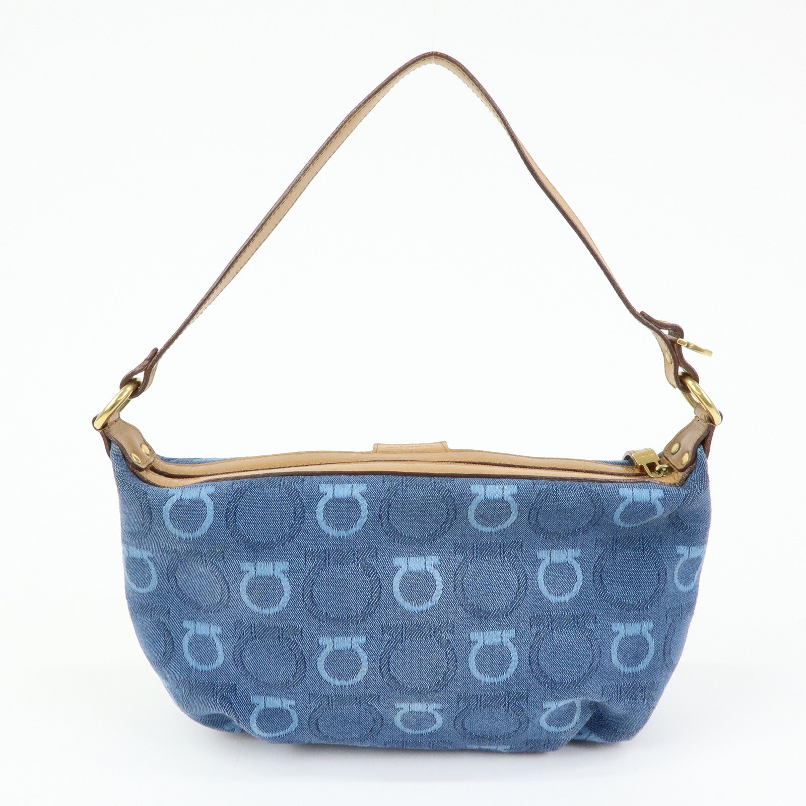 Ferragamo Gancini Canvas Leather Hand Bag Shoulder Bag Blue