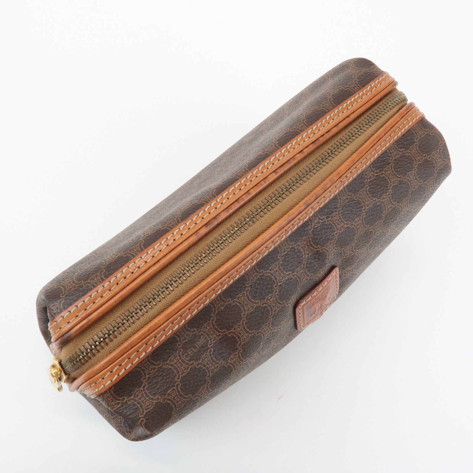 CELINE Macadam PVC Leather Canvas Pouch Brown Gold Hardware