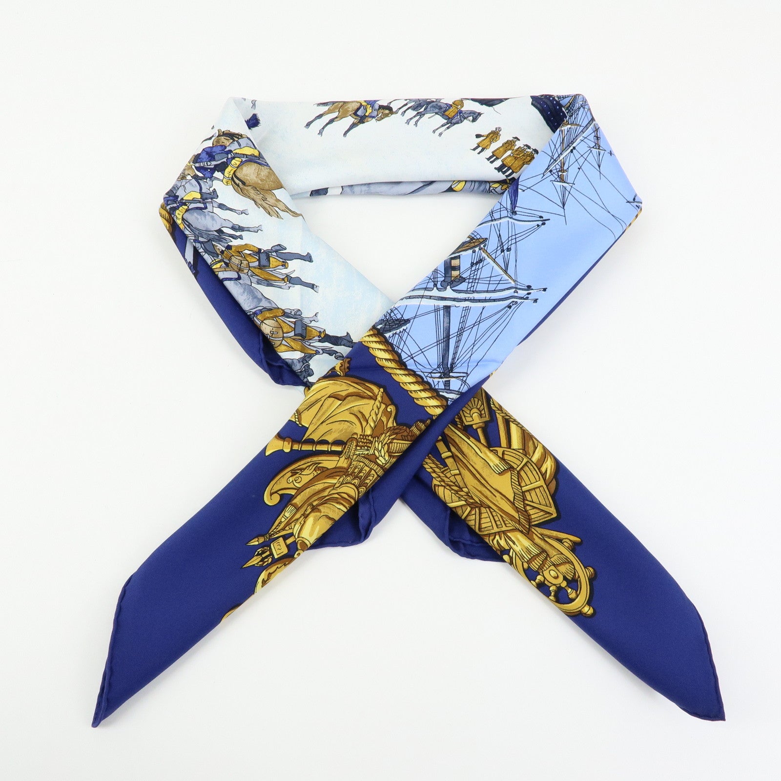 HERMES Carre 90 Silk 100% MARINE ET CAVALERIE Scarf